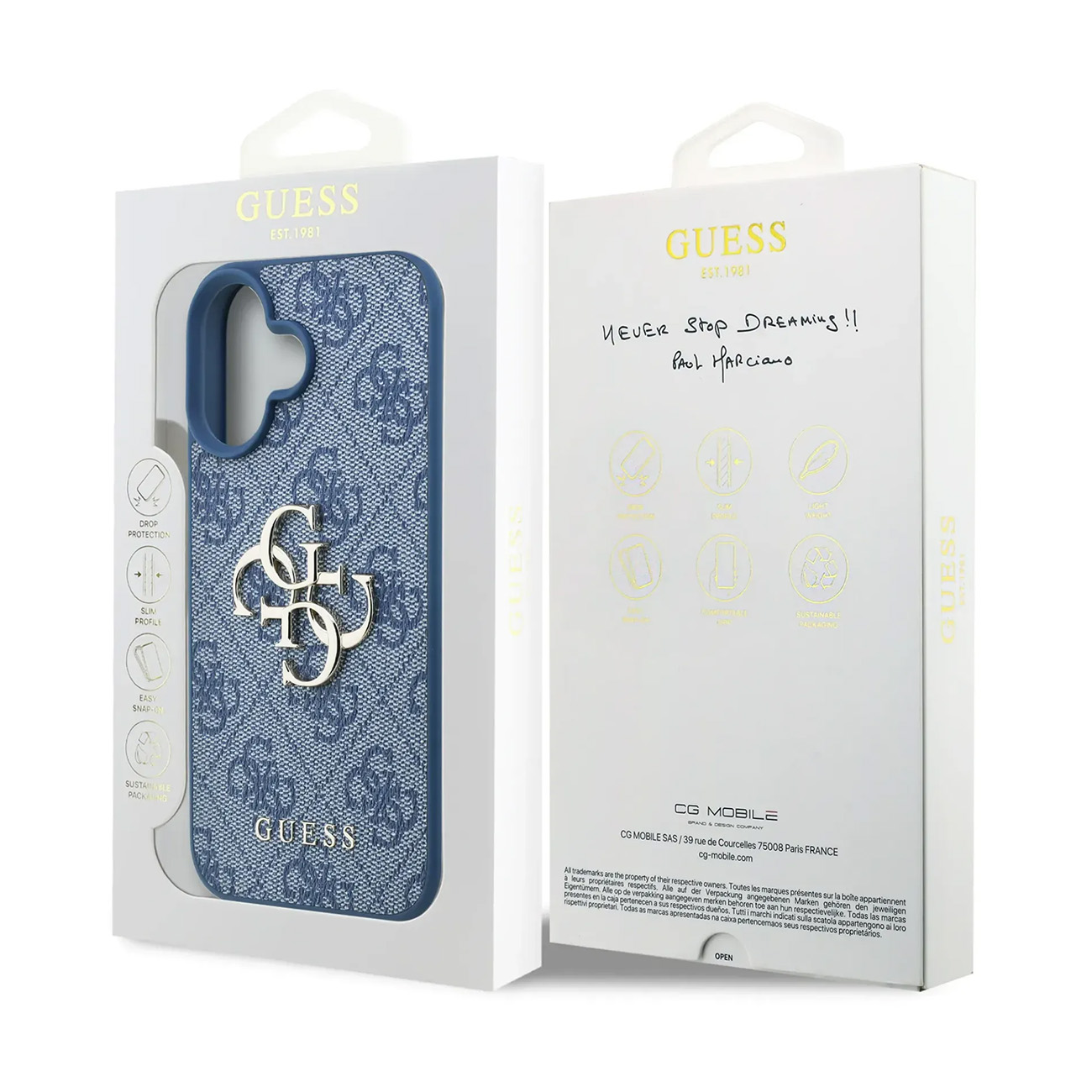 Funda Guess para teléfono en aspecto de mezclilla con logo GUESS al frente y en el empaque.
