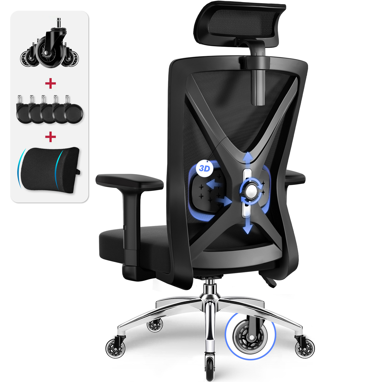 Schwarzer ergonomischer Bürostuhl mit Lendenwirbelstütze und Rädern. Enthält Ersatzräder und Kissen.