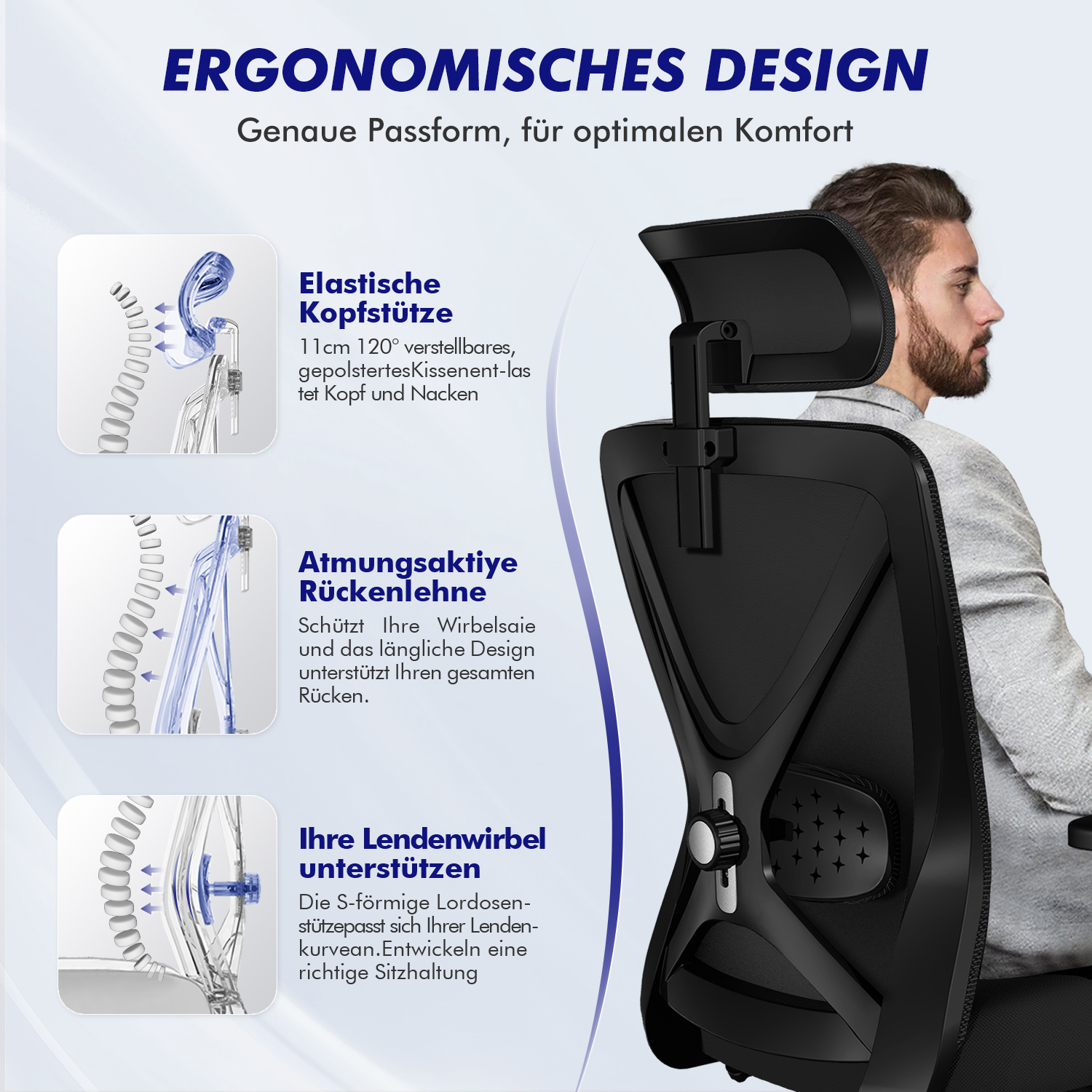 Ein Mann sitzt in einem schwarzen Bürostuhl mit Fokus auf ergonomische Merkmale.