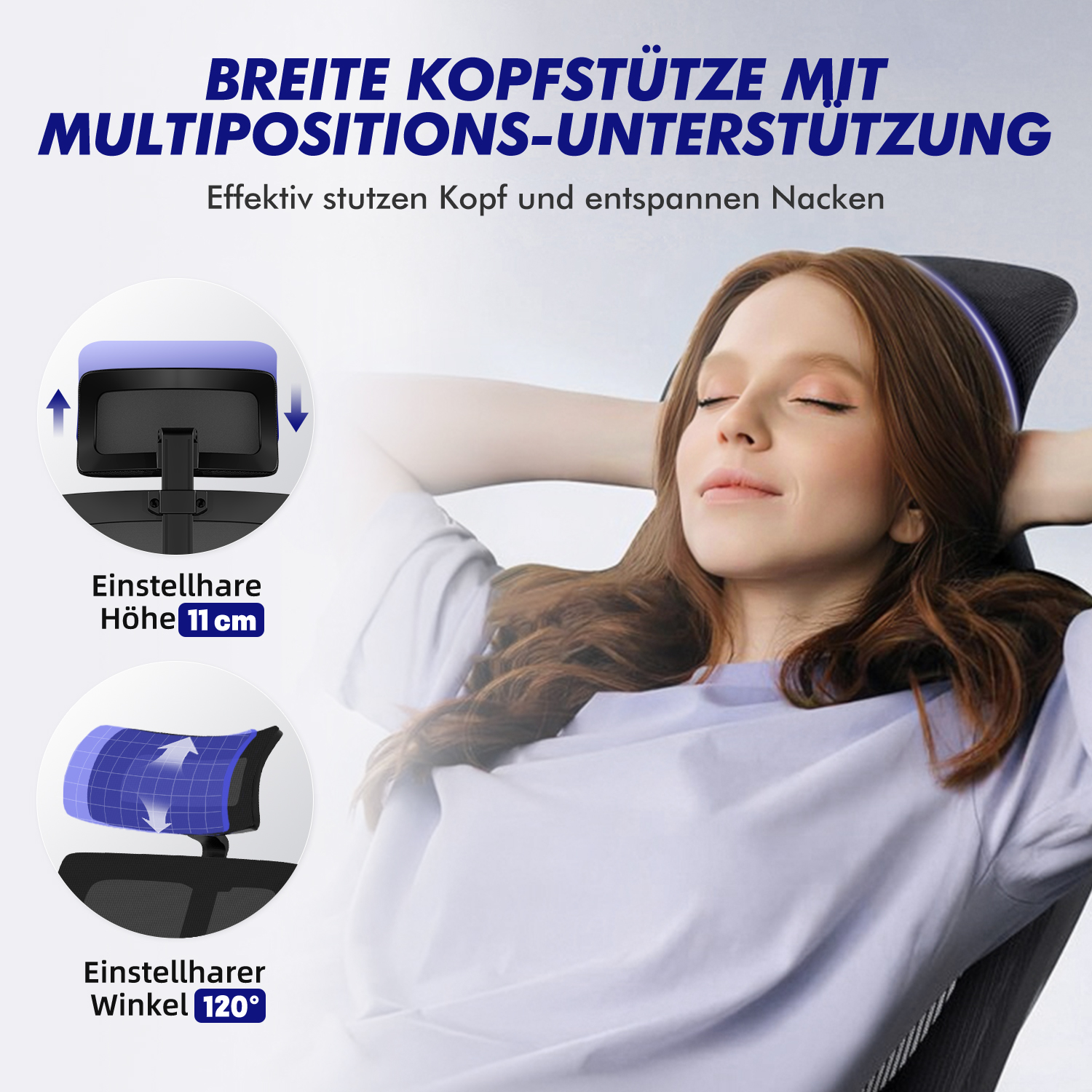 Frau entspannt im Bürostuhl mit breiter, verstellbarer Kopfstütze für Nackenunterstützung.
