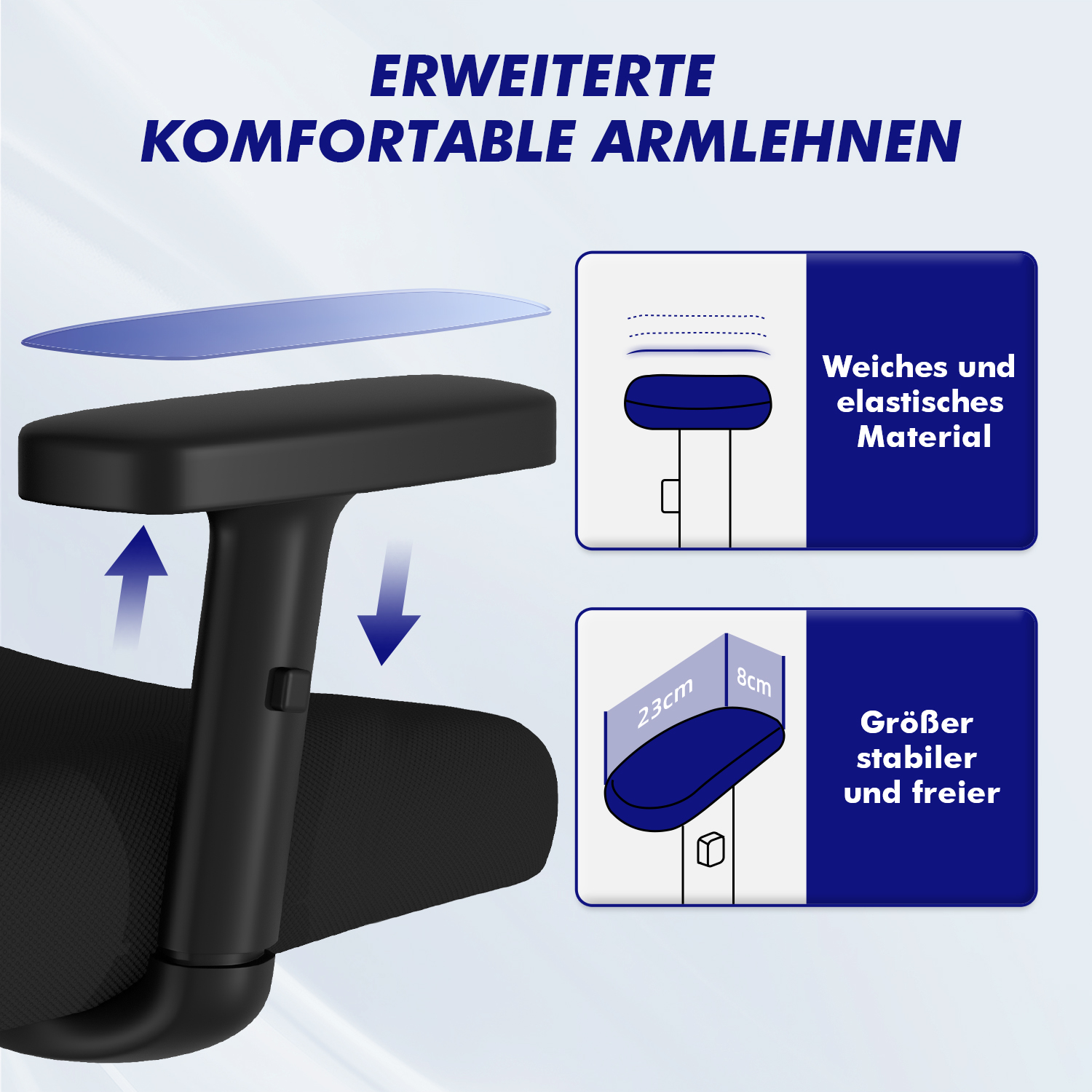 Schwarzer Bürostuhl Armlehne mit Erläuterungen zu Material und Größe.