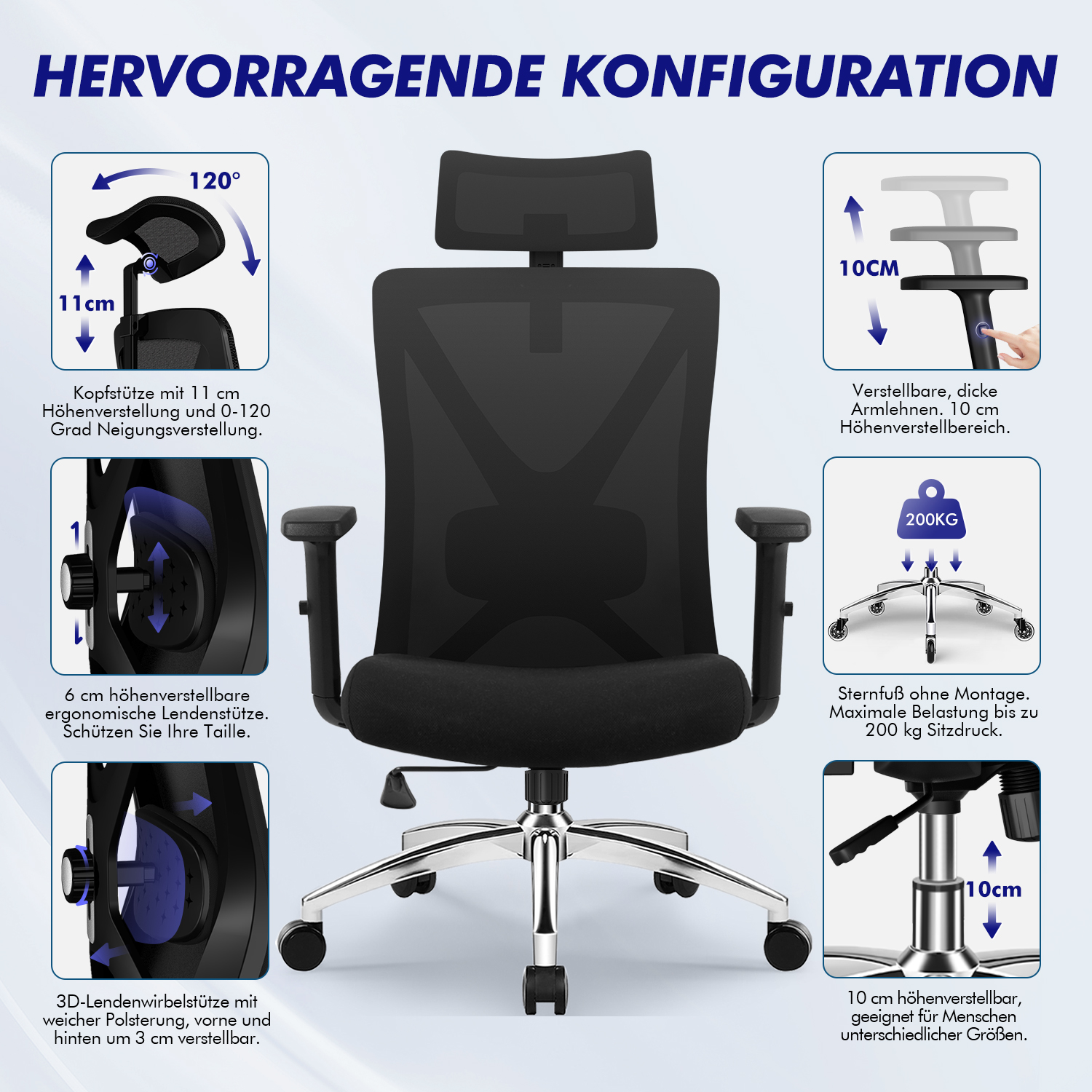 Schwarzer Bürostuhl mit verstellbarer Kopfstütze, Armlehnen, Lendenwirbelstütze und Fuß.