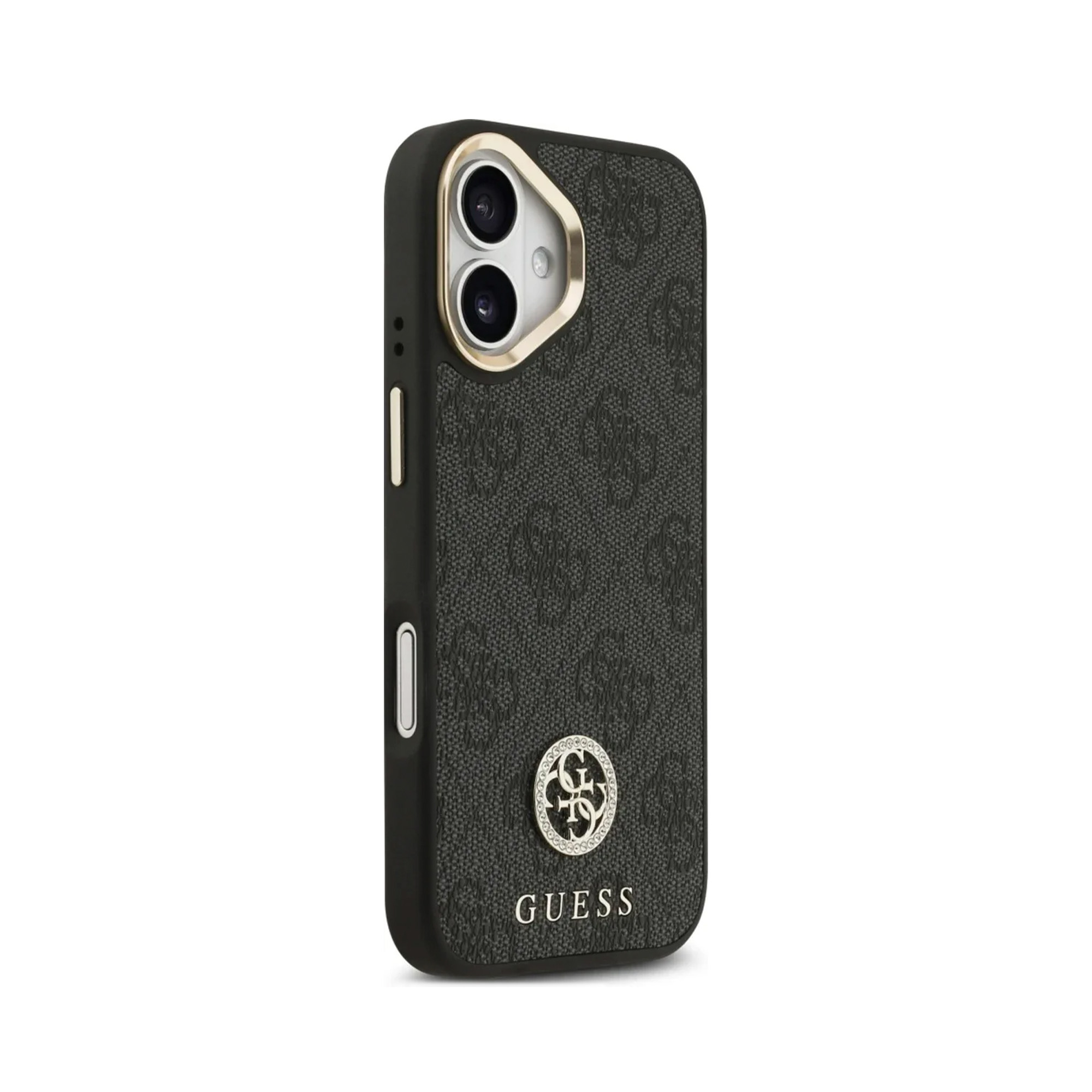 Funda de teléfono negra con logo y estampado GUESS.