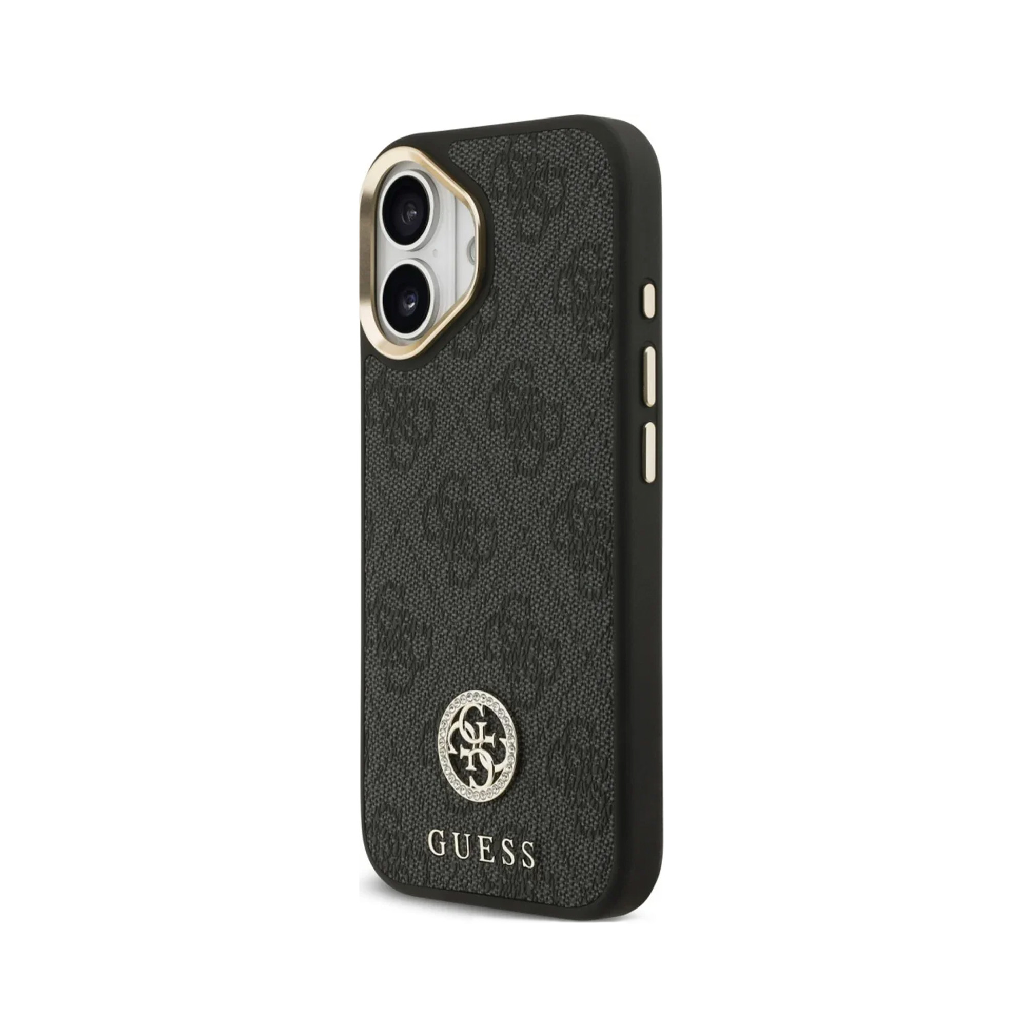 Funda de teléfono negra con logo Guess y brillo, para iPhone.