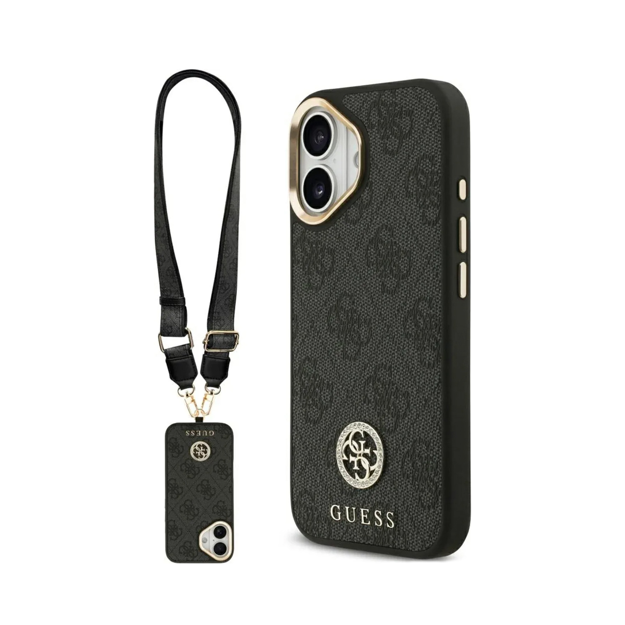 Funda negra para teléfono Guess con patrón de logo y correa.