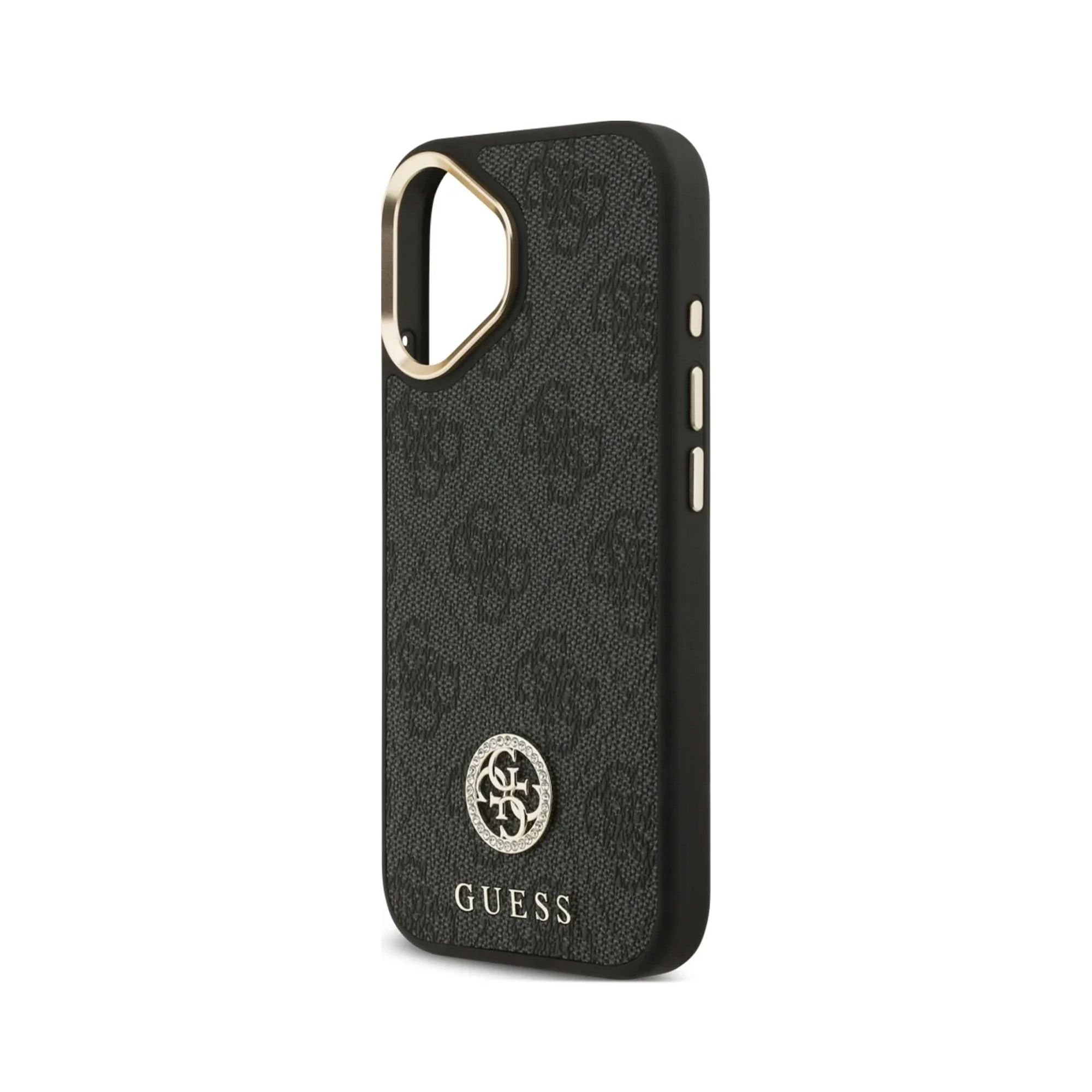 Funda de teléfono negra con logo GUESS y borde dorado.