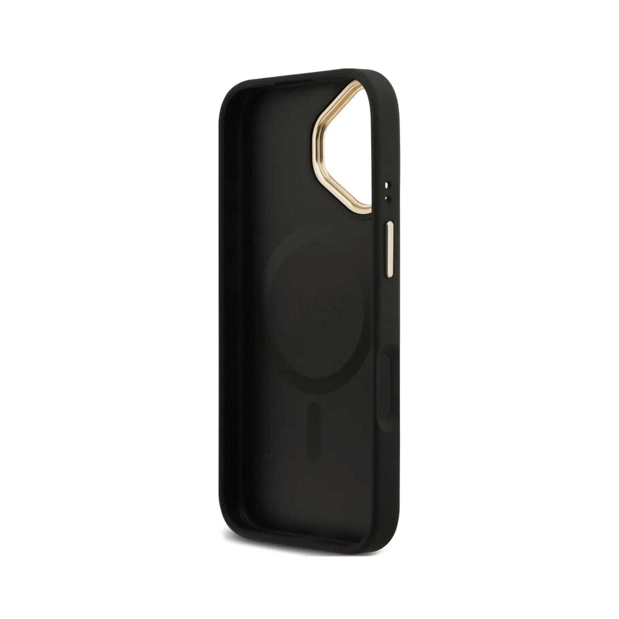 Funda de teléfono negra con borde dorado y anillo magnético.