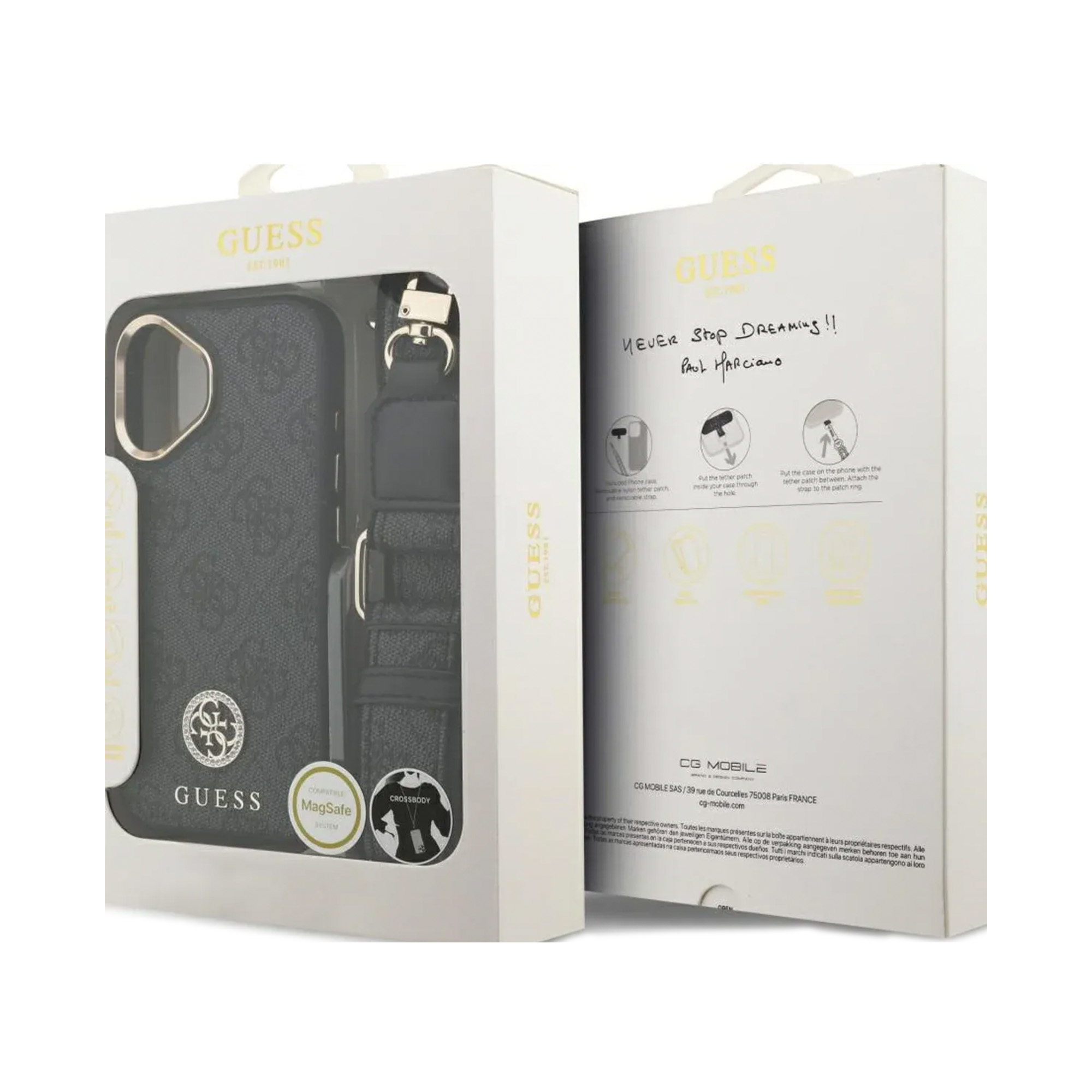 Funda gris Guess para teléfono con correa cruzada y compatibilidad MagSafe.