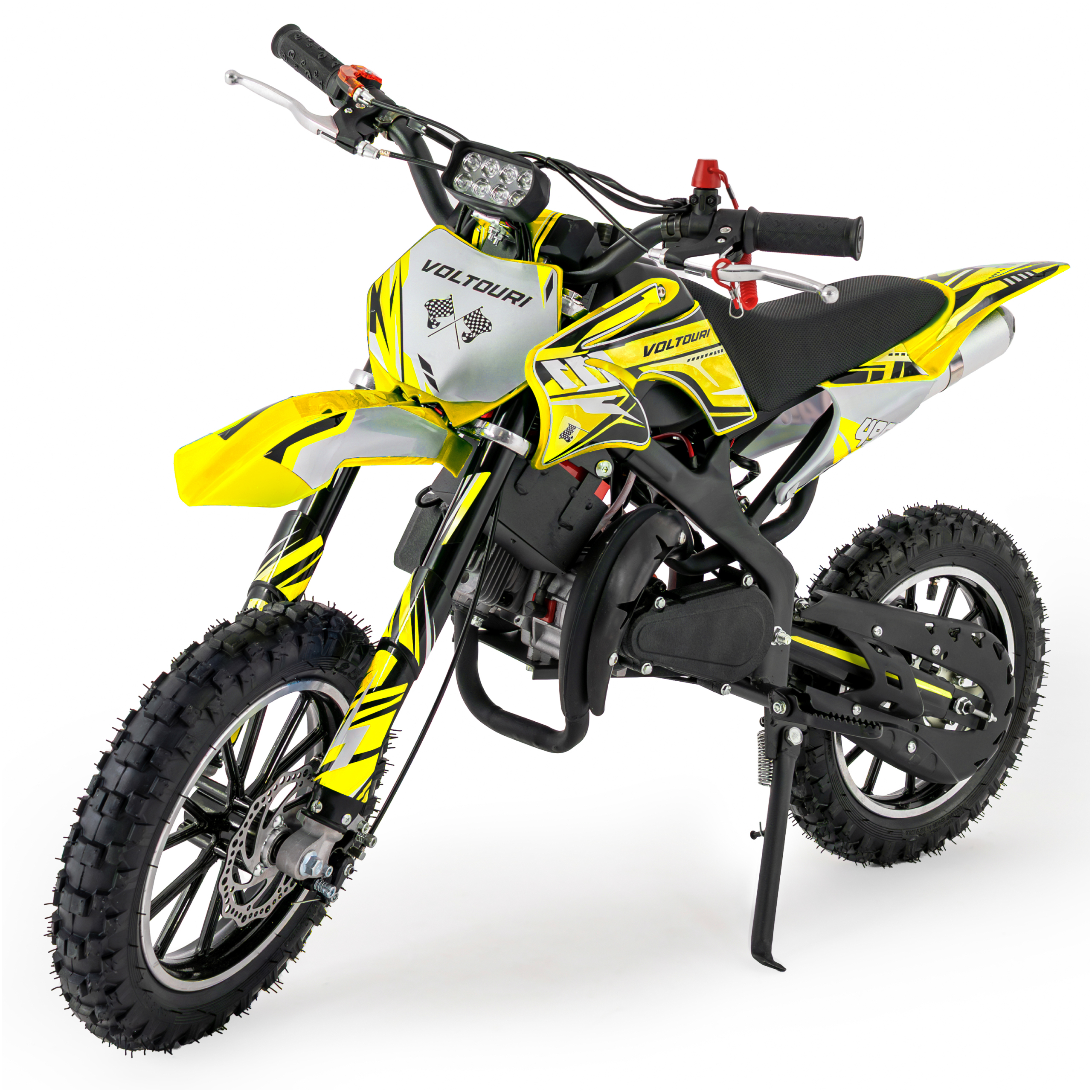 Żółto-szary dirt bike z czarnymi akcentami stoi na podpórce.
