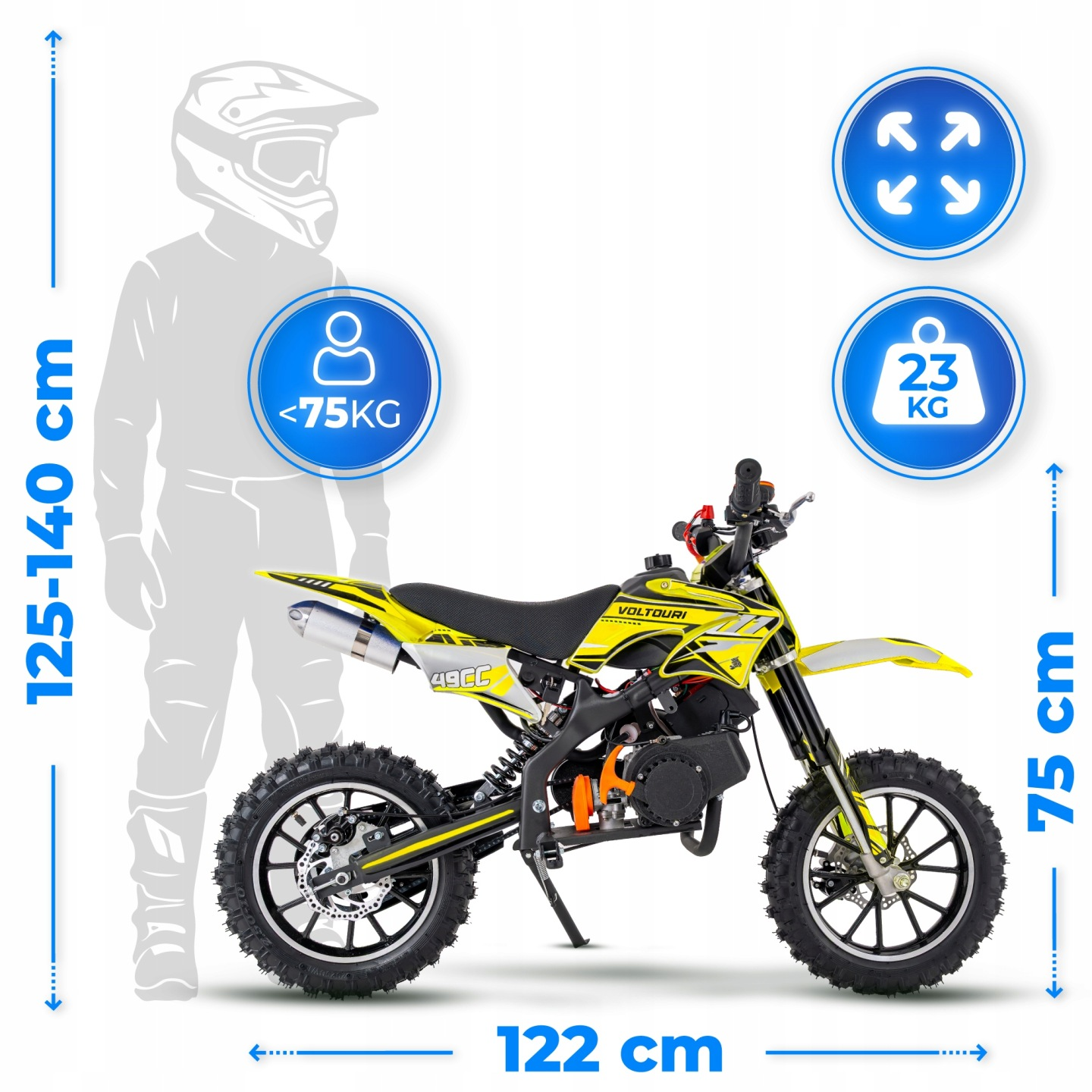 Żółto-czarny dirt bike, wzrost 125-140cm, waga 23kg.