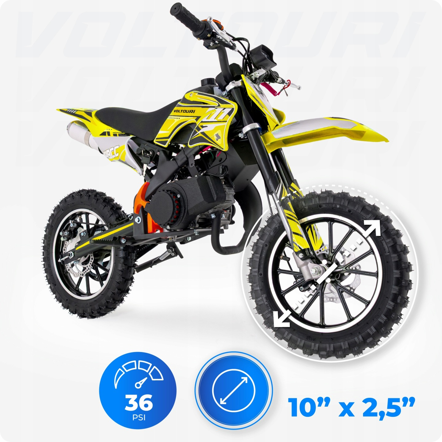 Żółty i czarny dirt bike z 10-calowymi kołami i ciśnieniem 36 PSI.