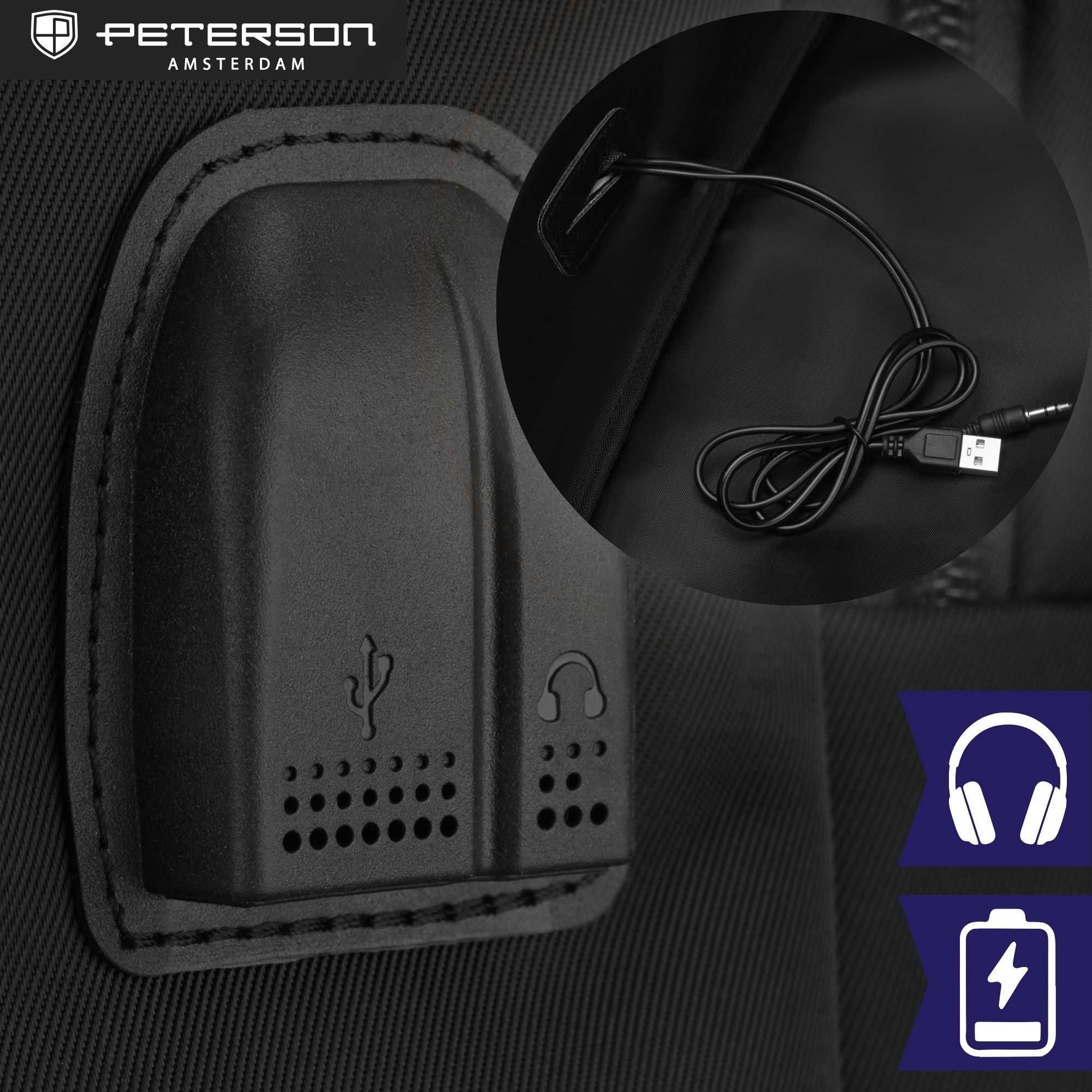 Czarne logo Peterson, kabel USB i ikony słuchawek/baterii.
