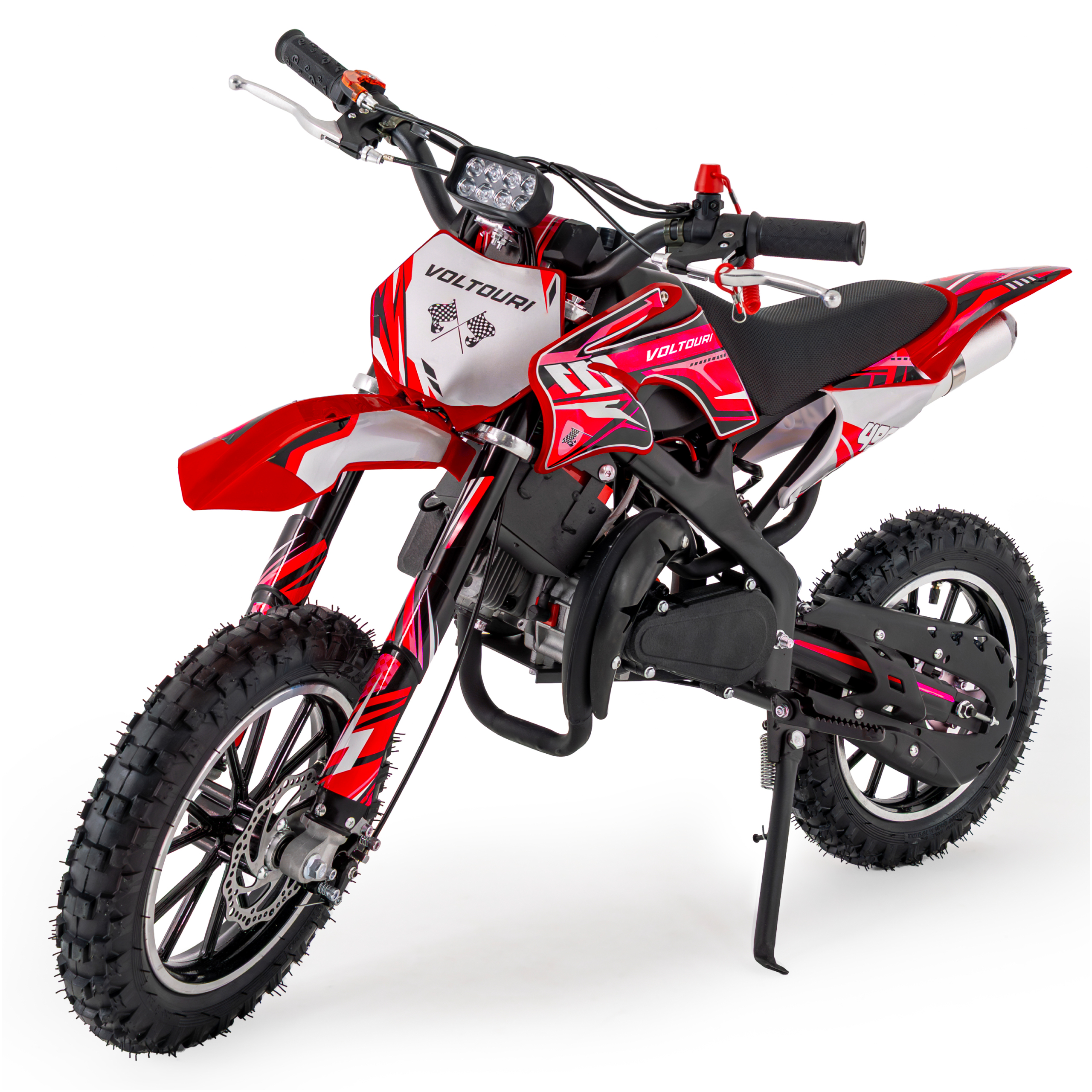 Czerwono-biały motocykl typu dirt bike z czarnymi akcentami i oponami terenowymi, zaparkowany na białym tle.