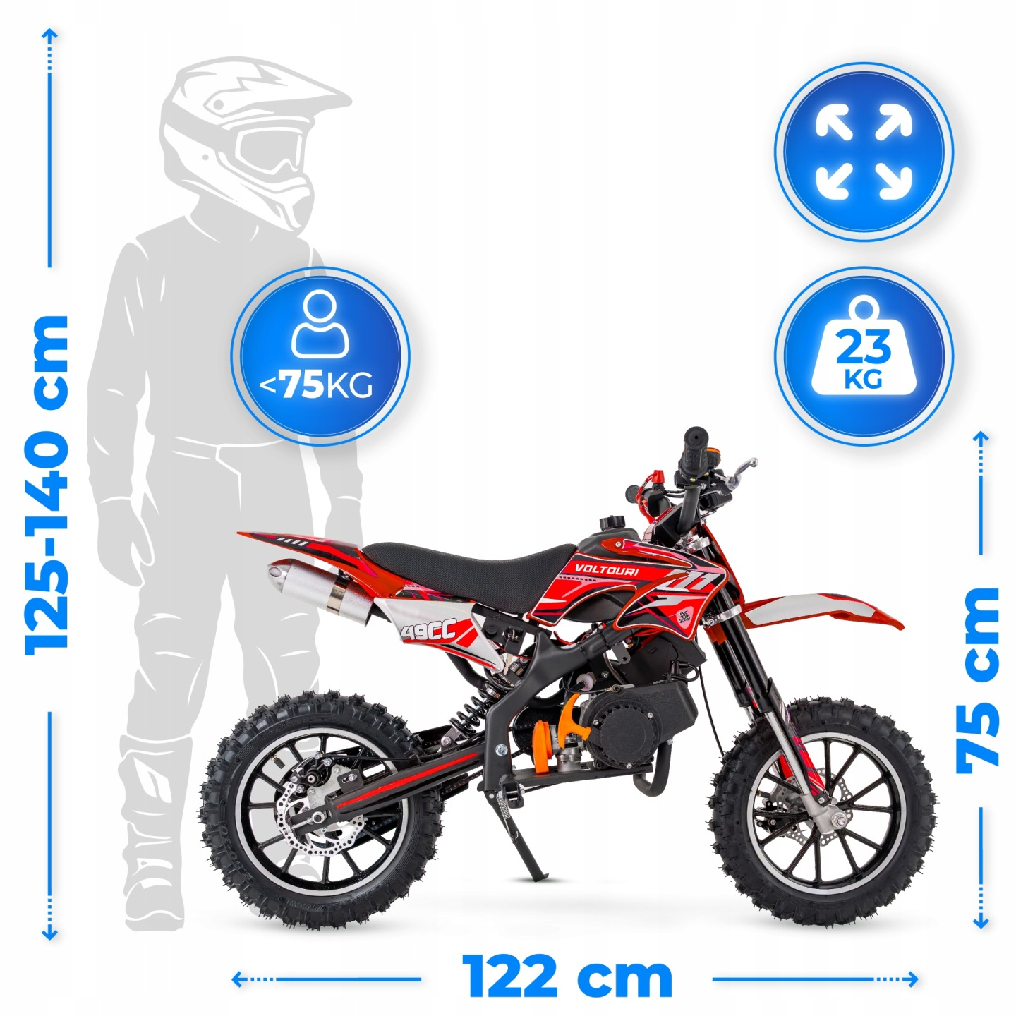 Czerwony dirt bike z naklejkami, obok sylwetki jeźdźca.