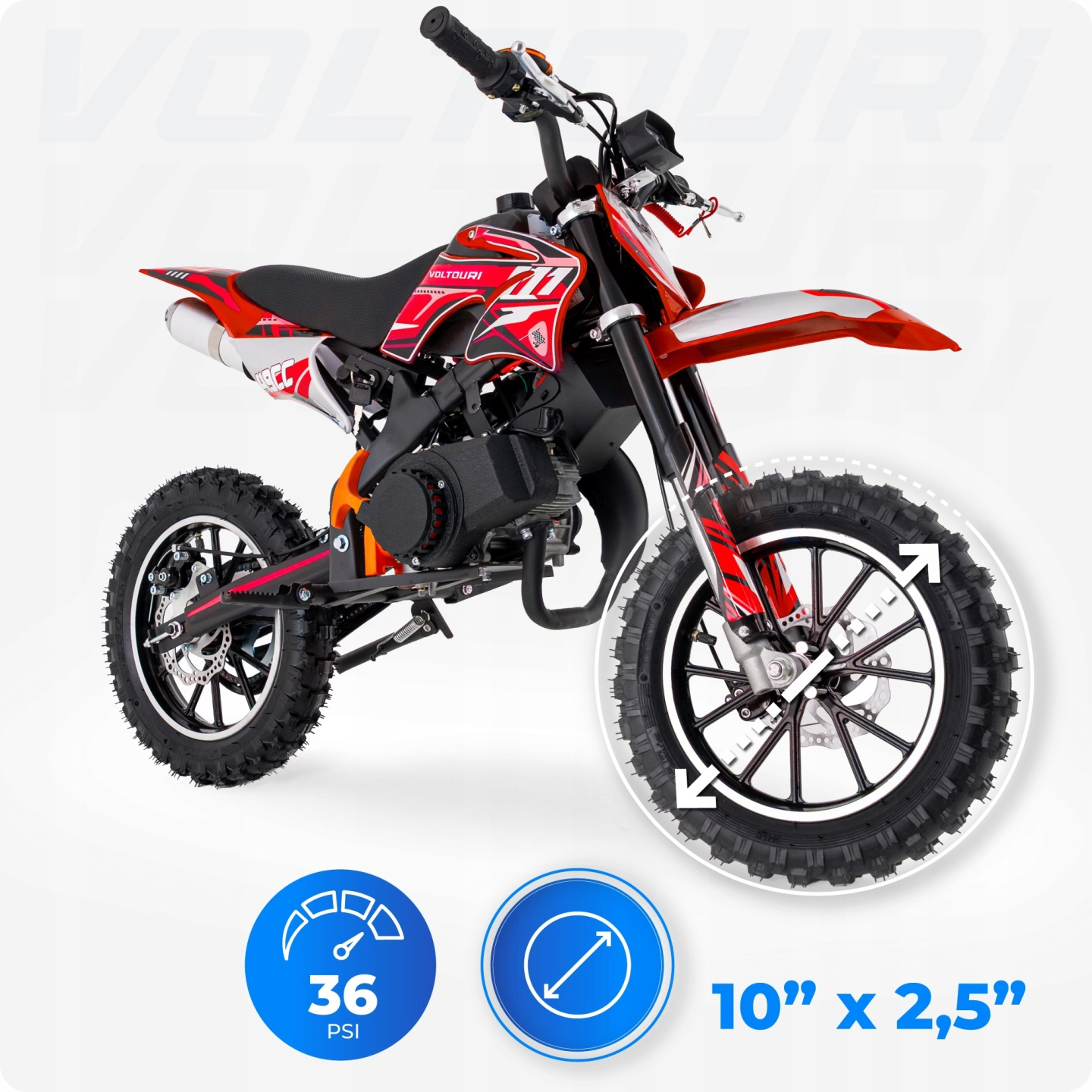 Czerwony i czarny mini dirt bike z oponami i felgami terenowymi.