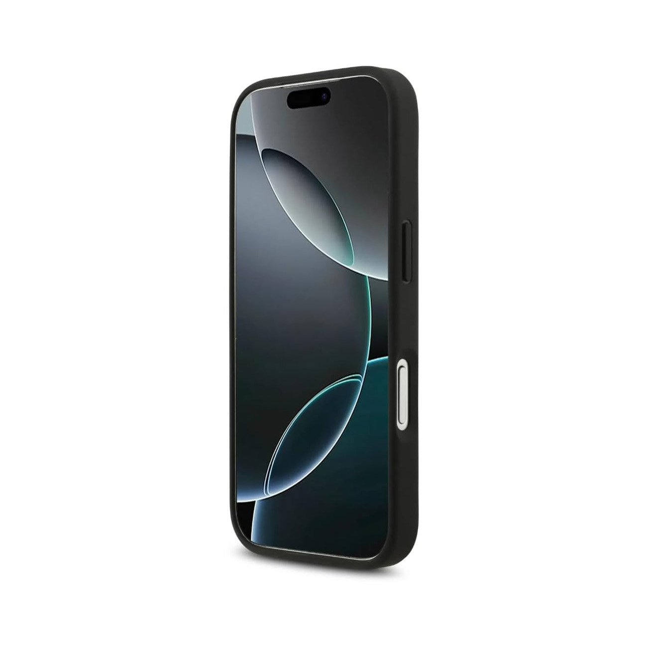 Uno smartphone nero con schermo scuro e forme blu astratte su sfondo bianco.