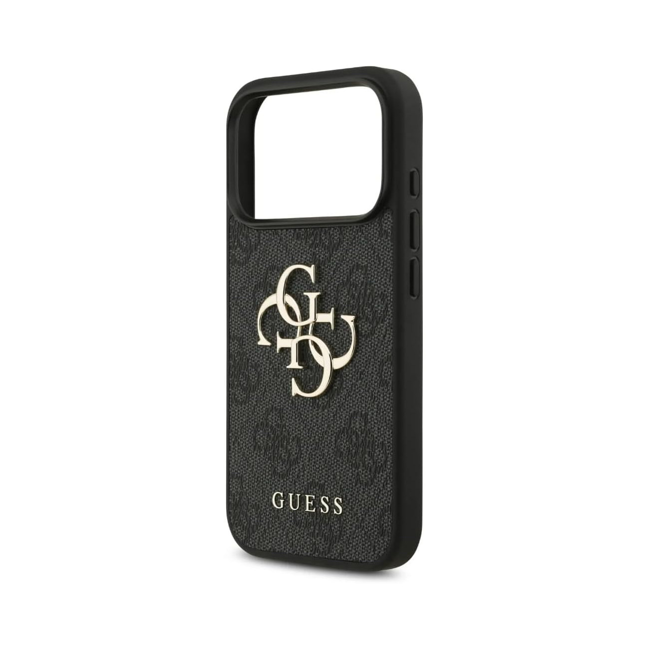 Custodia nera per telefono con logo GUESS e motivo in rilievo, su sfondo bianco.