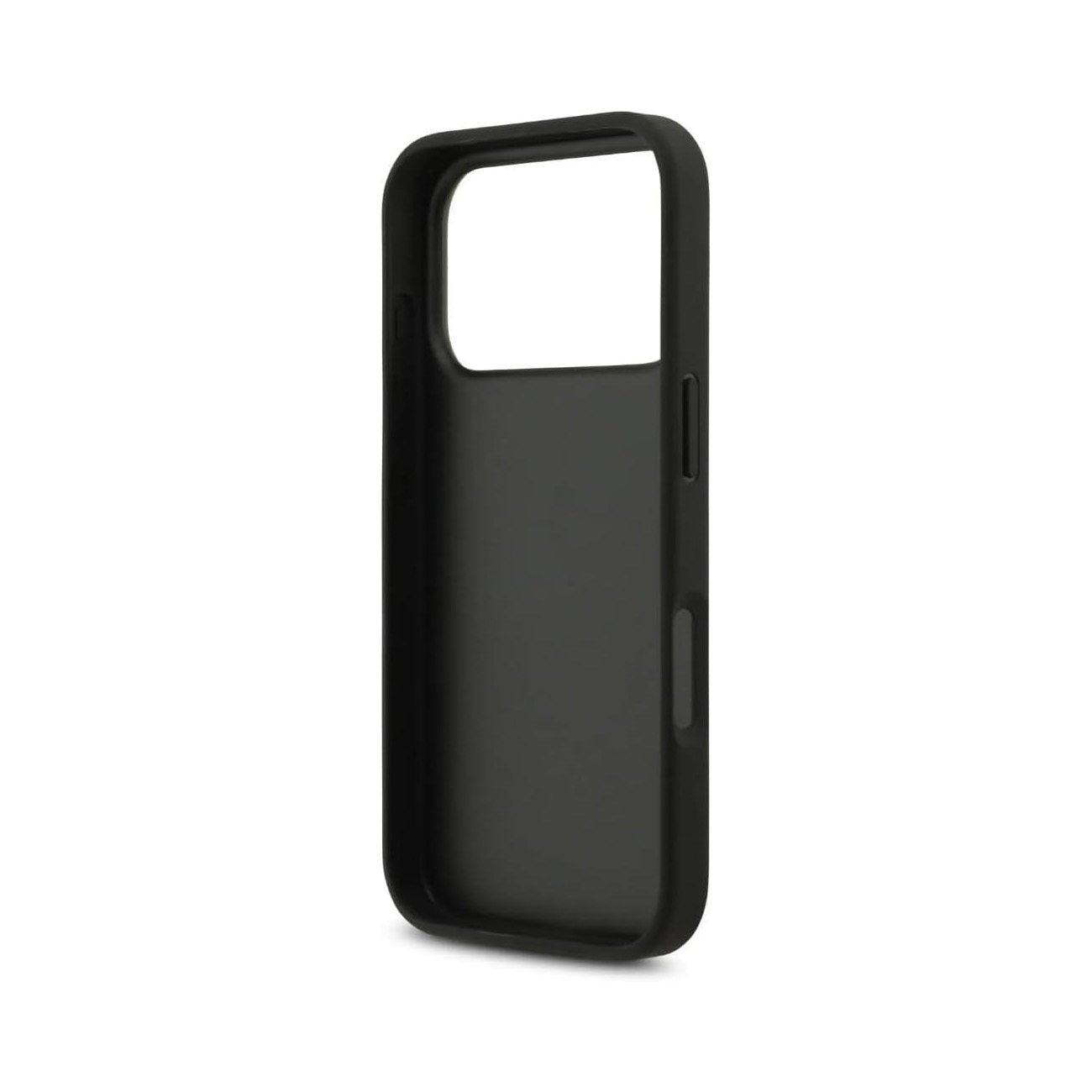 Custodia nera per telefono, design semplice, su sfondo bianco.