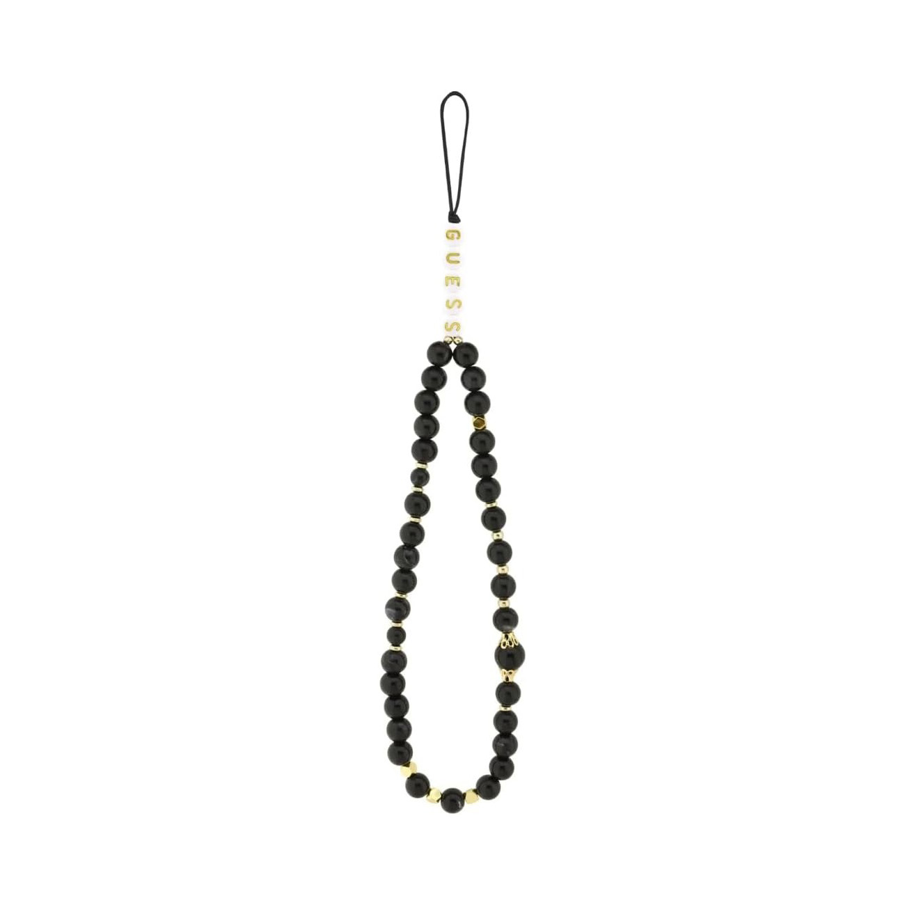 Collana di perline nere con accenti dorati e la scritta "GUESS".