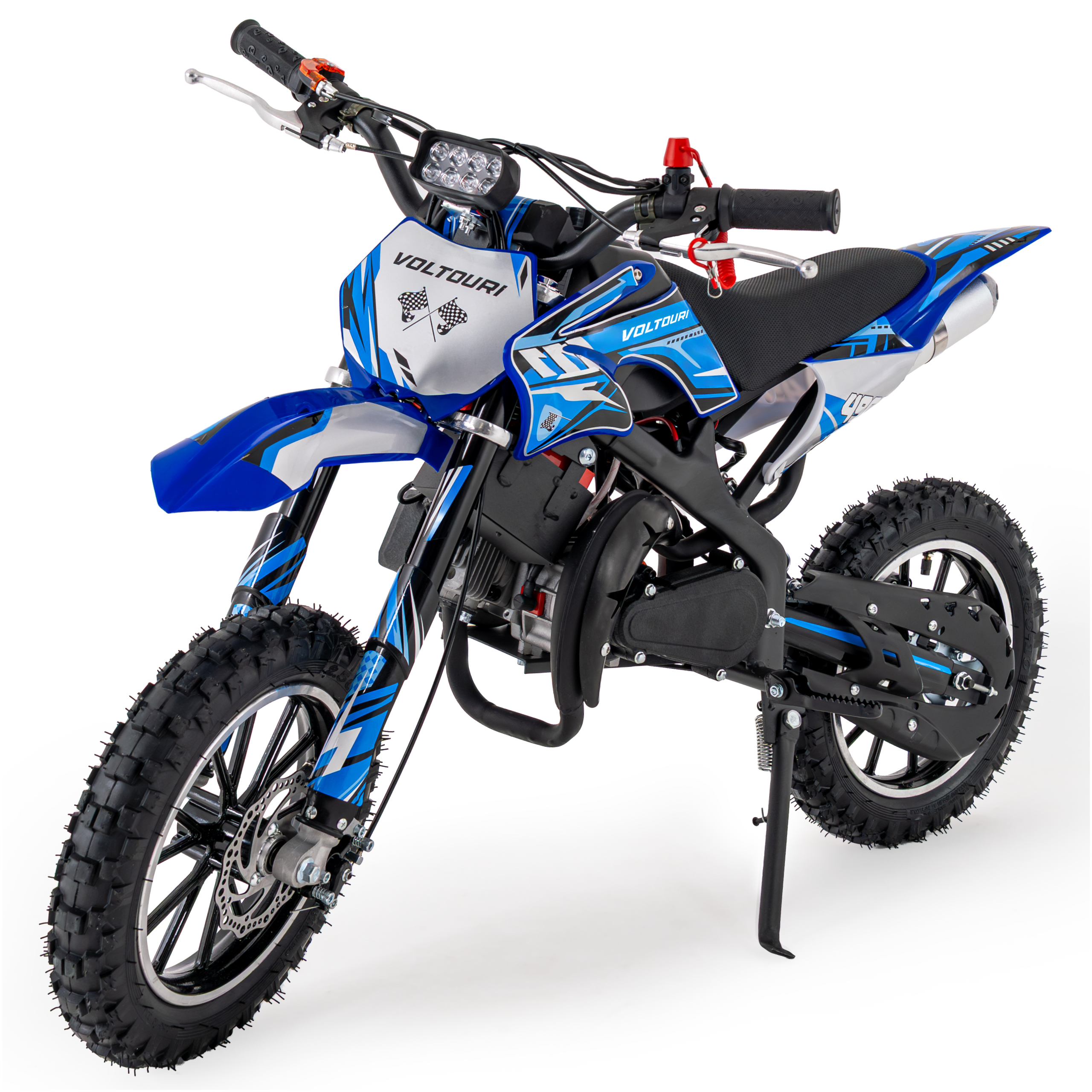 Niebiesko-biały dirt bike z czarnymi akcentami i oponami, na białym tle.