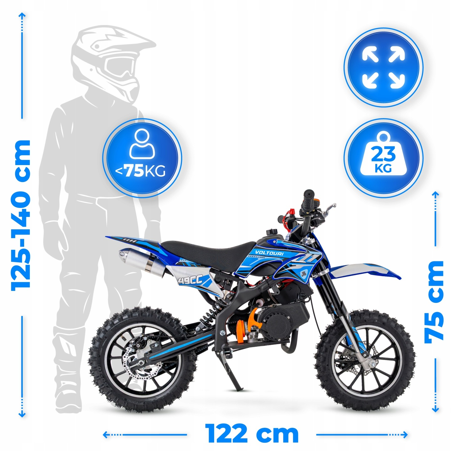 Niebiesko-biały dirt bike 49cc dla kierowców 125-140cm, 23kg.