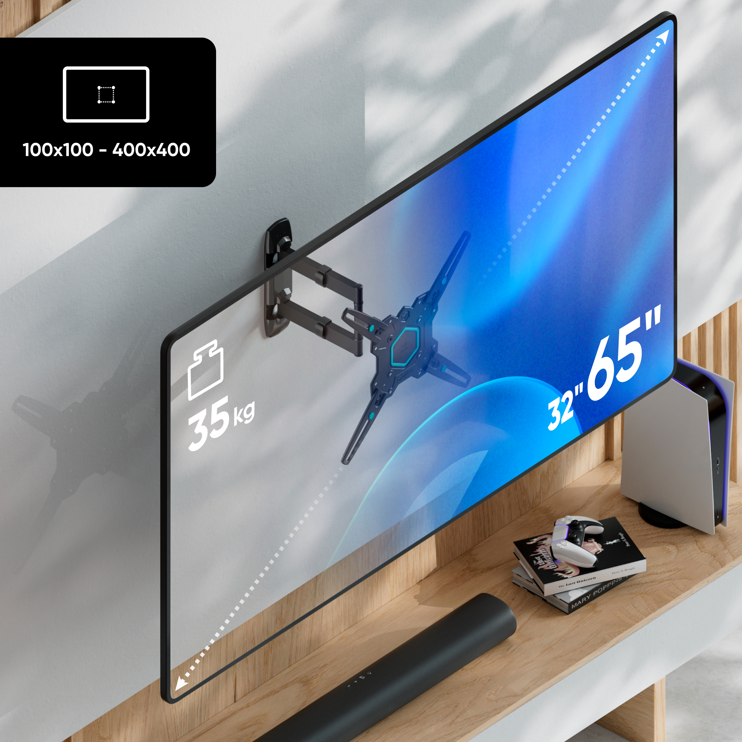 Uchwyt ścienny do TV 65" obsługuje 35 kg. VESA 100x100-400x400.