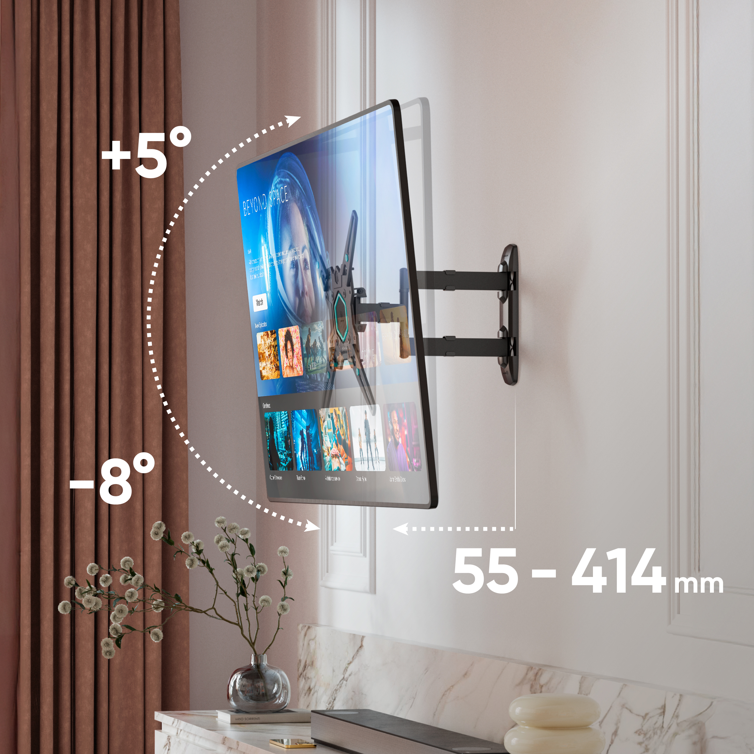 Uchwyt TV umożliwia pochylenie od +5° do -8° i wysunięcie od 55-414mm.