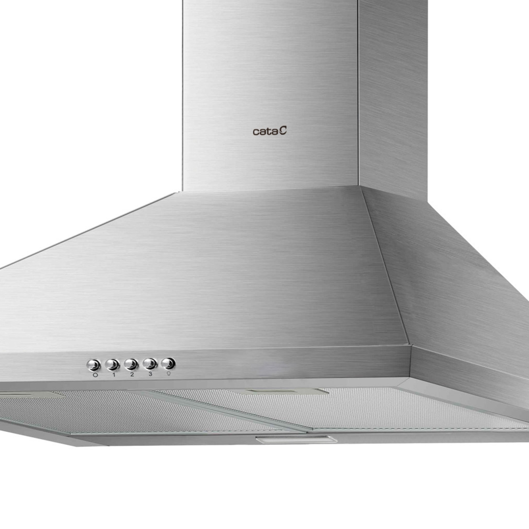 Una campana extractora de acero inoxidable con controles y filtro metálico.