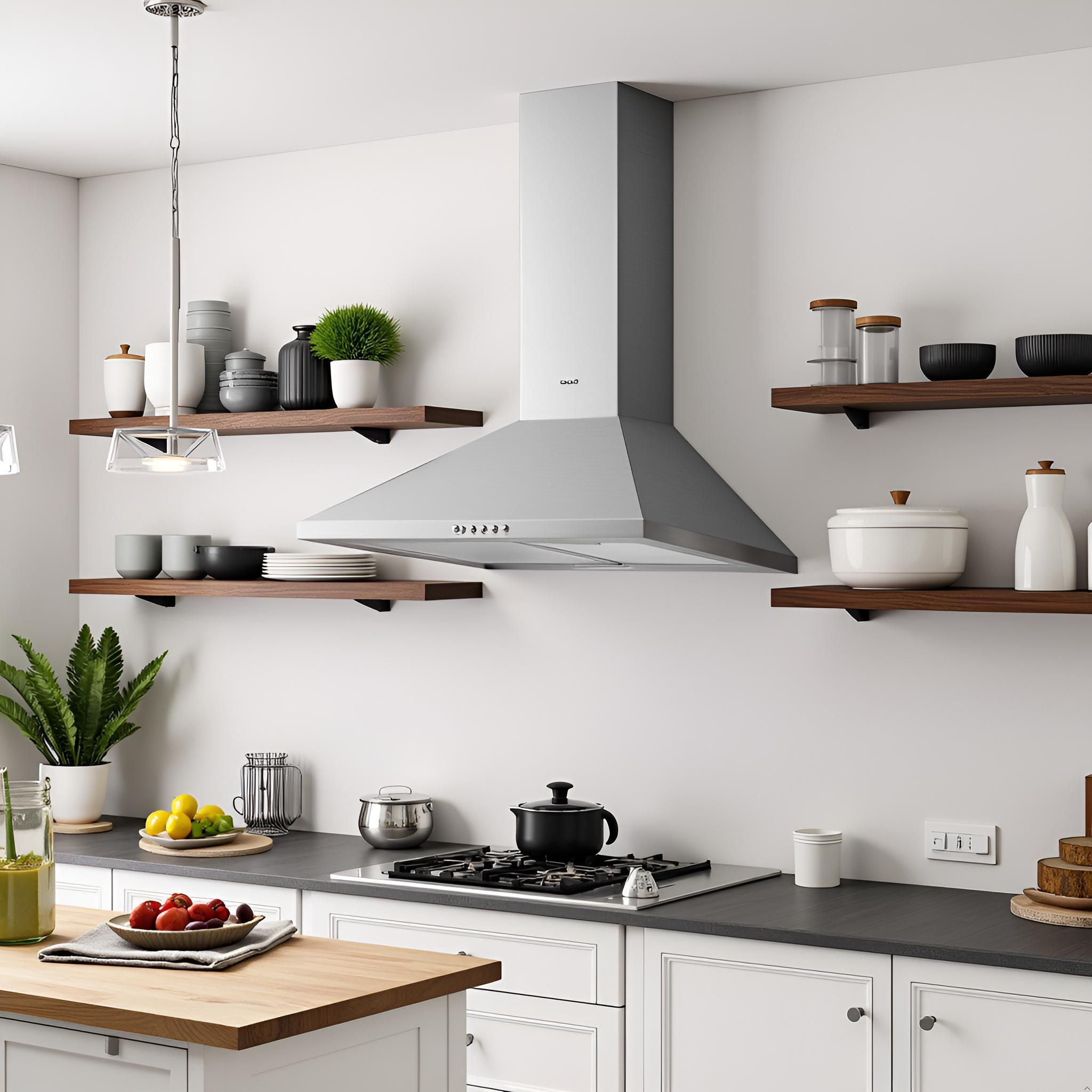 Cocina moderna con campana de acero inoxidable, cocina de gas y estantes de madera.