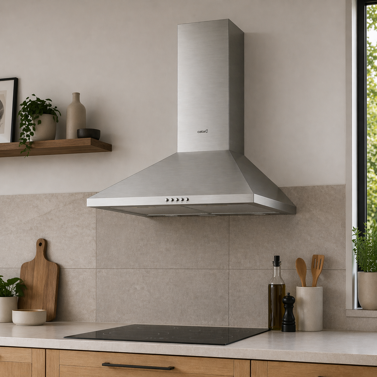 Una campana extractora de acero inoxidable sobre una placa de inducción negra en una cocina moderna.