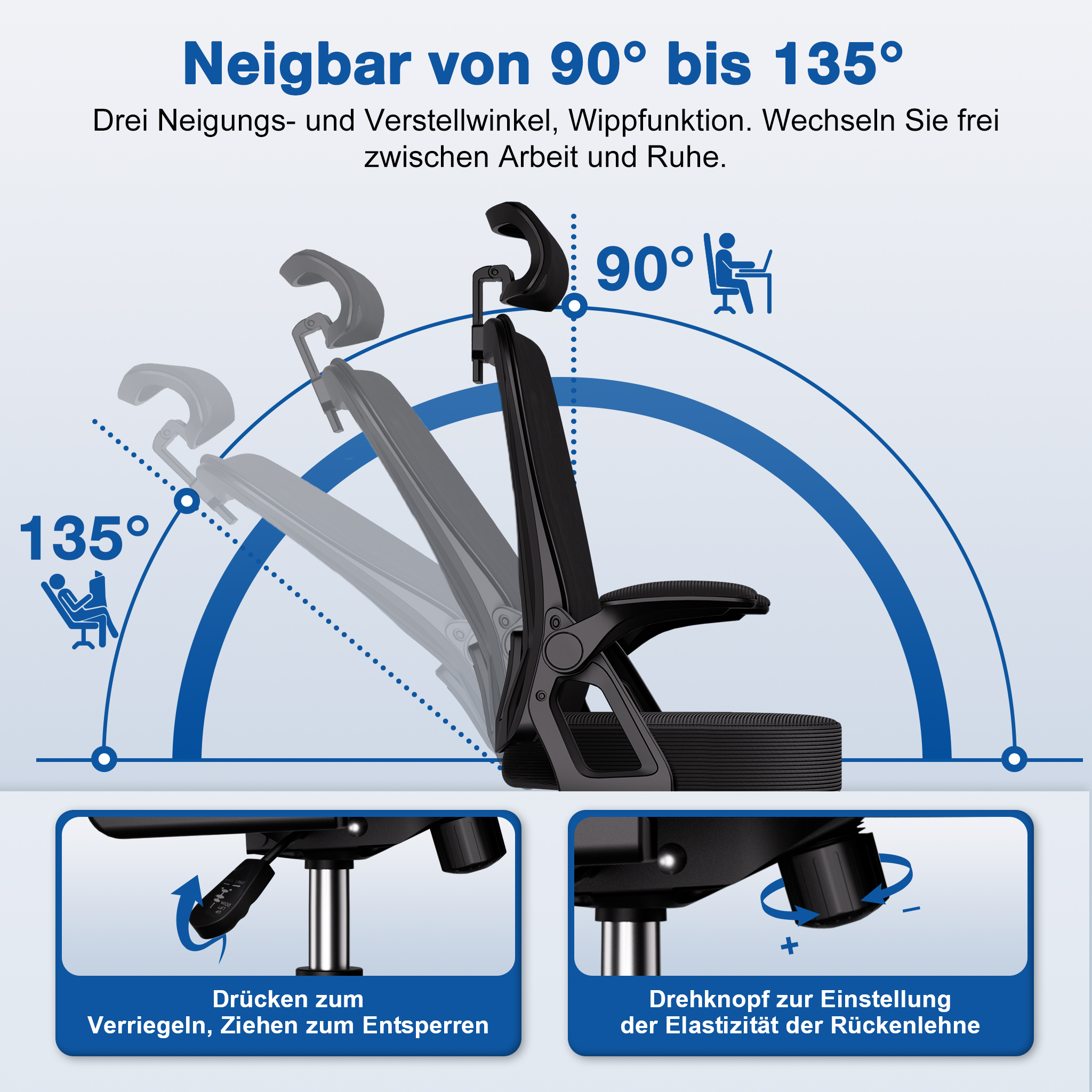 Schwarzer Bürostuhl mit verstellbarer Rückenlehne von 90° bis 135°.