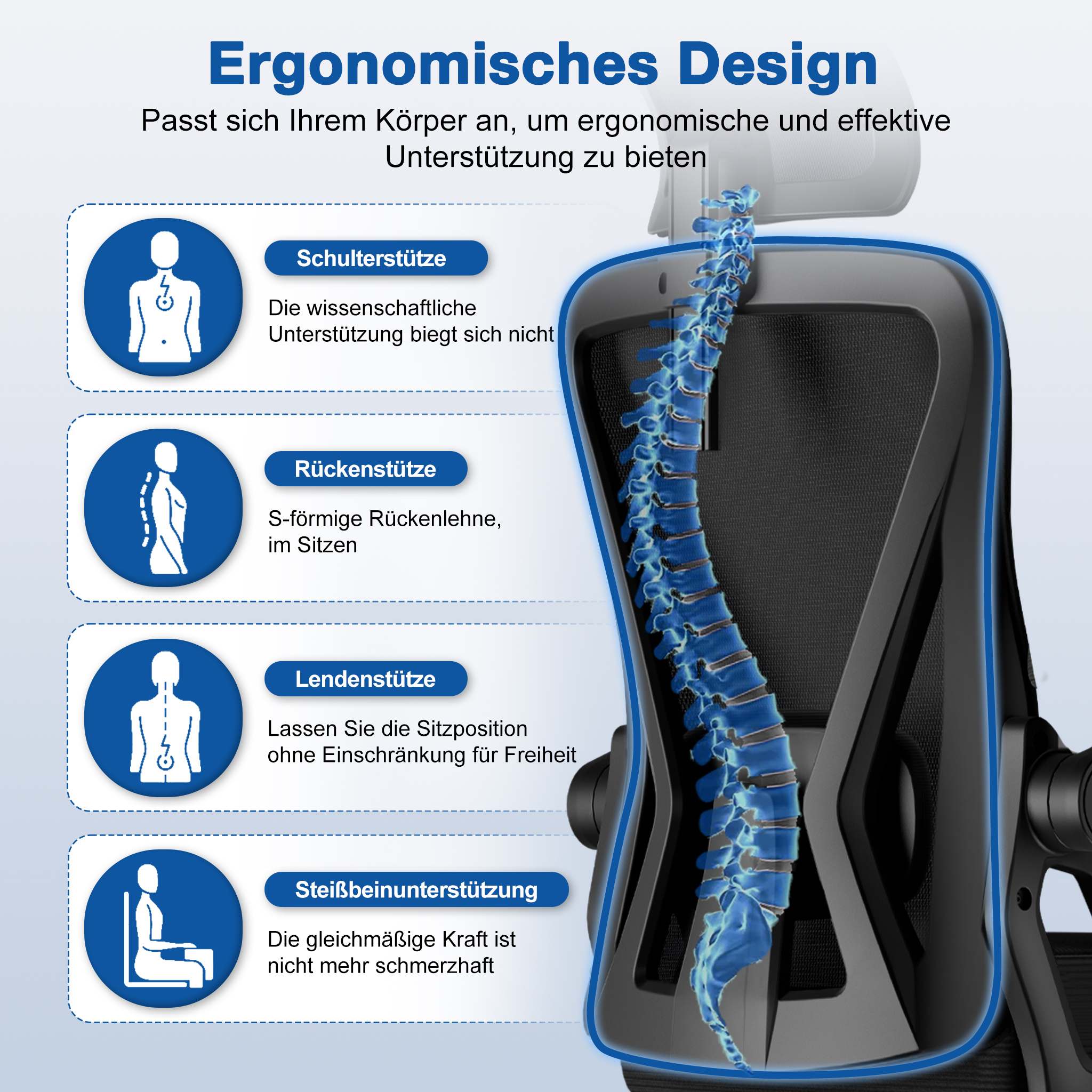 Ergonomisches Design mit Wirbelsäulen-Illustration und Stützfunktionen.