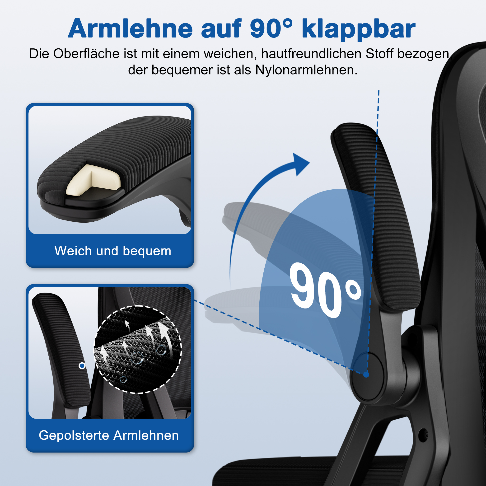 Ein schwarzer Bürostuhl mit klappbaren Armlehnen, die bei 90° verstellbar sind.