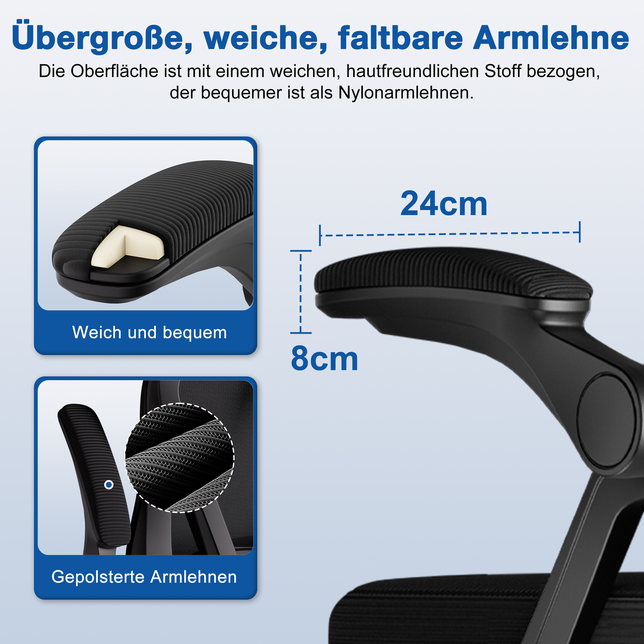 Schwarze Stuhlarmlehnen mit Maßen 24cm und 8cm. Weich und bequem.