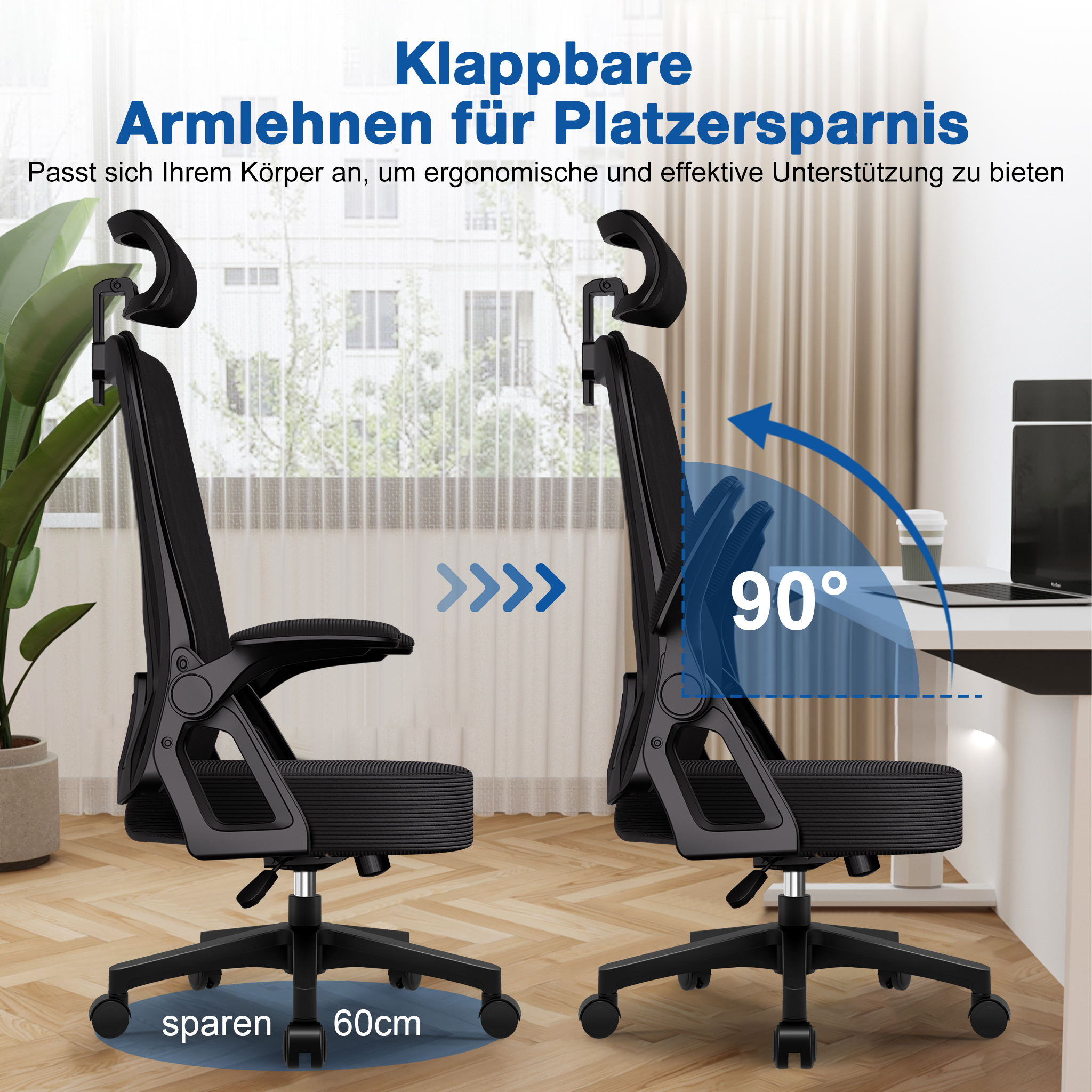 Zwei schwarze Bürostühle nebeneinander. Einer mit verstellbaren Armlehnen, die 90 Grad schwenken.