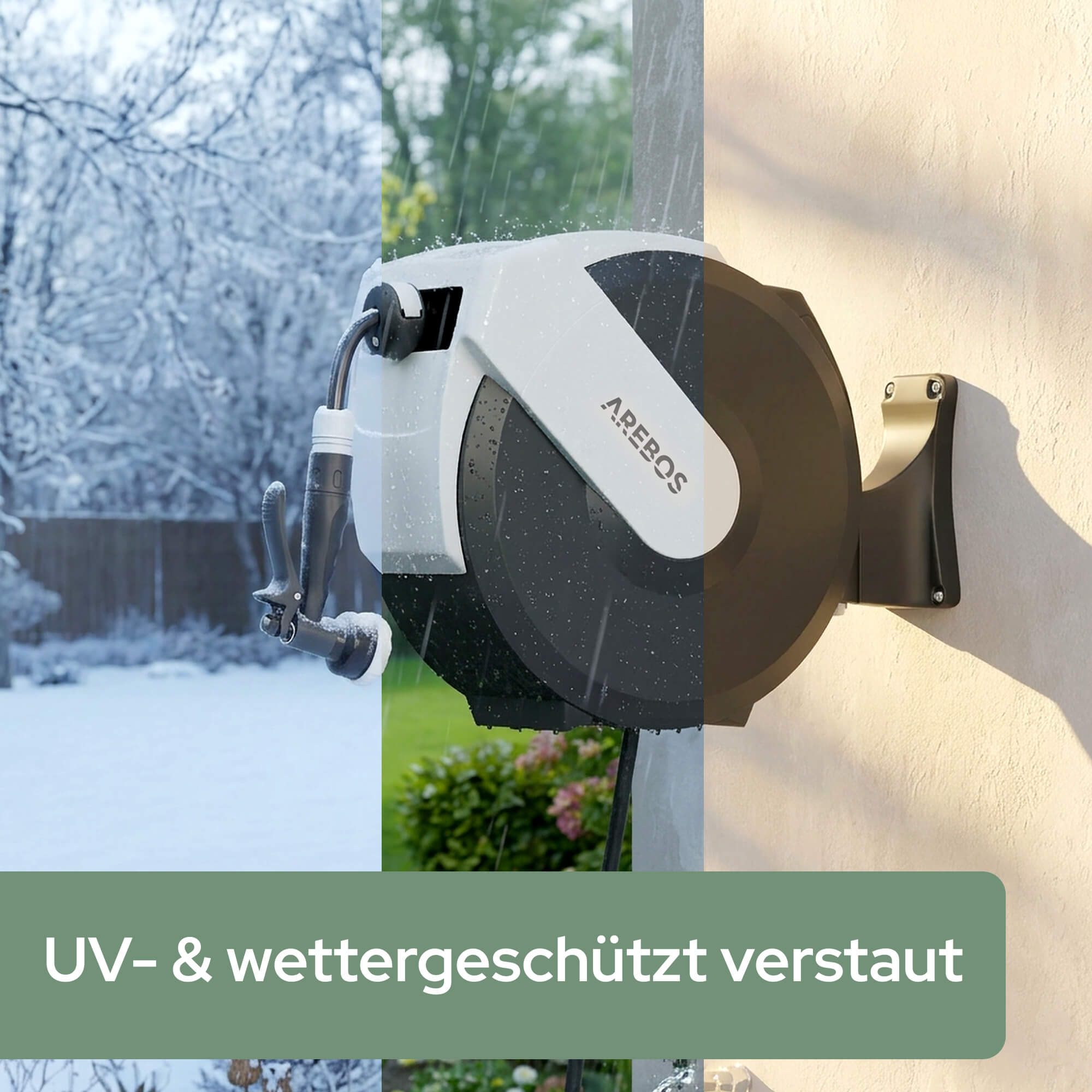Schlauchaufroller in verschiedenen Wetterbedingungen: Schnee, Regen und Sonne.
