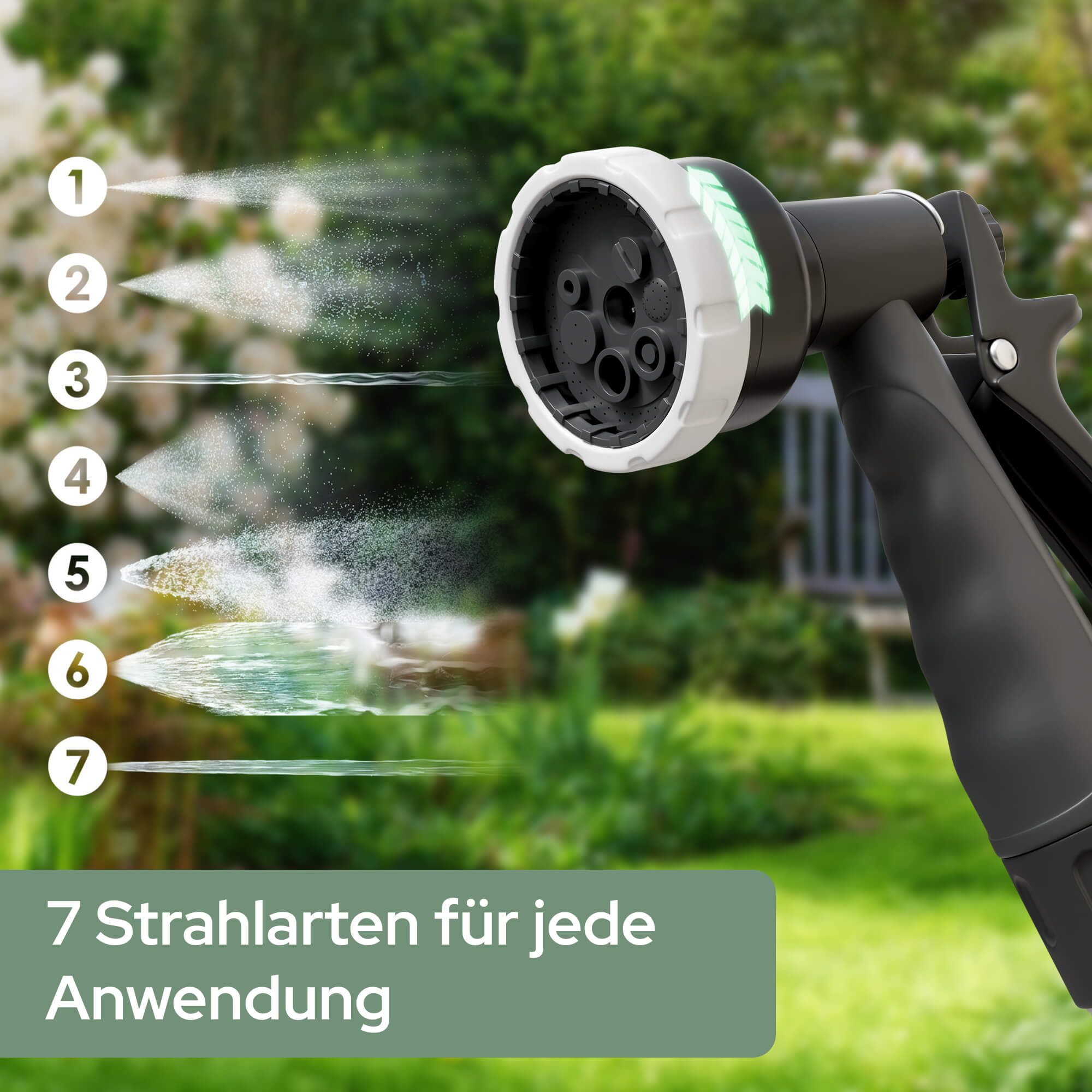 Gartenschlauchdüse mit 7 Sprühmodi, auf grünem Hintergrund.
