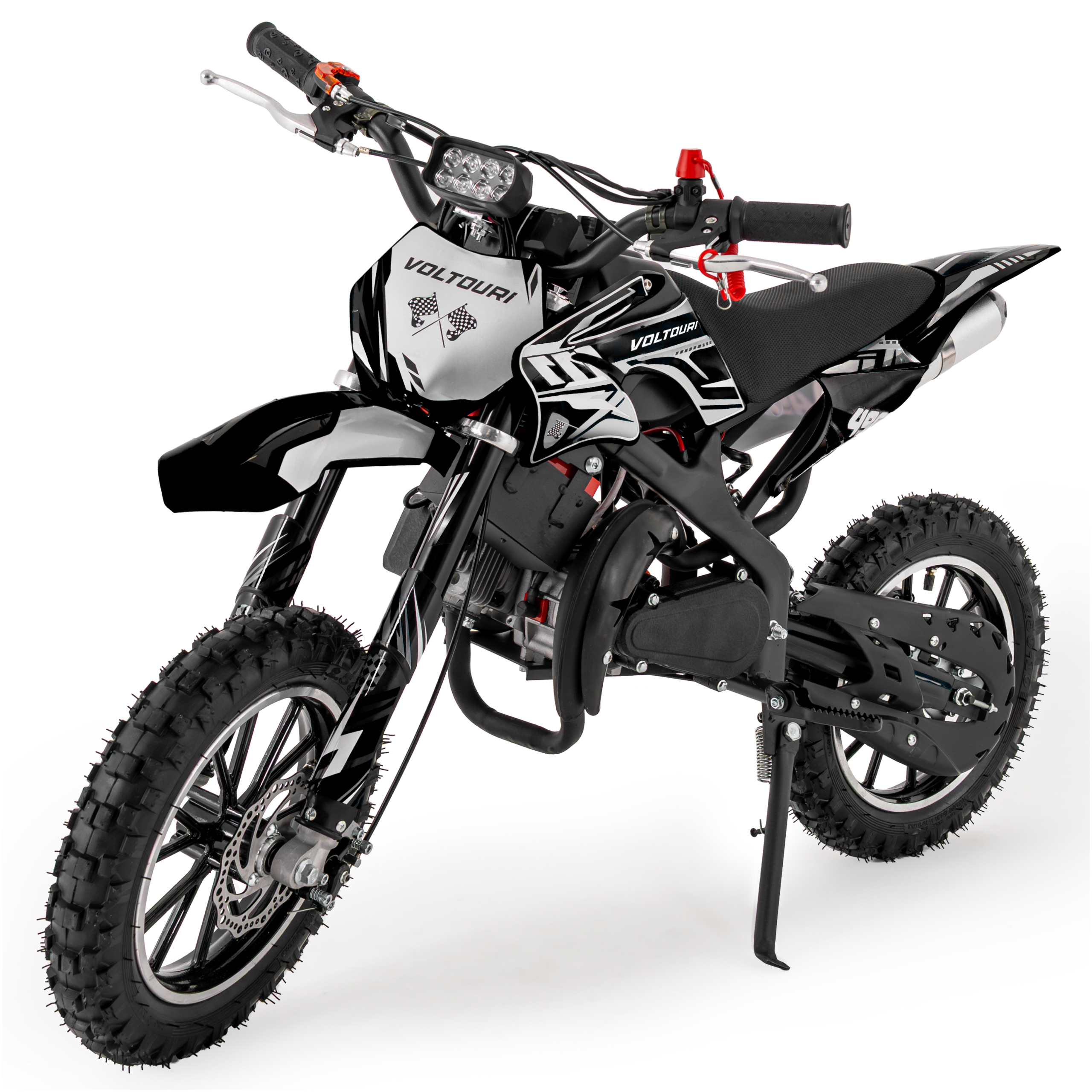 Czarny dirt bike z białymi i czarnymi naklejkami i motywem flag.
