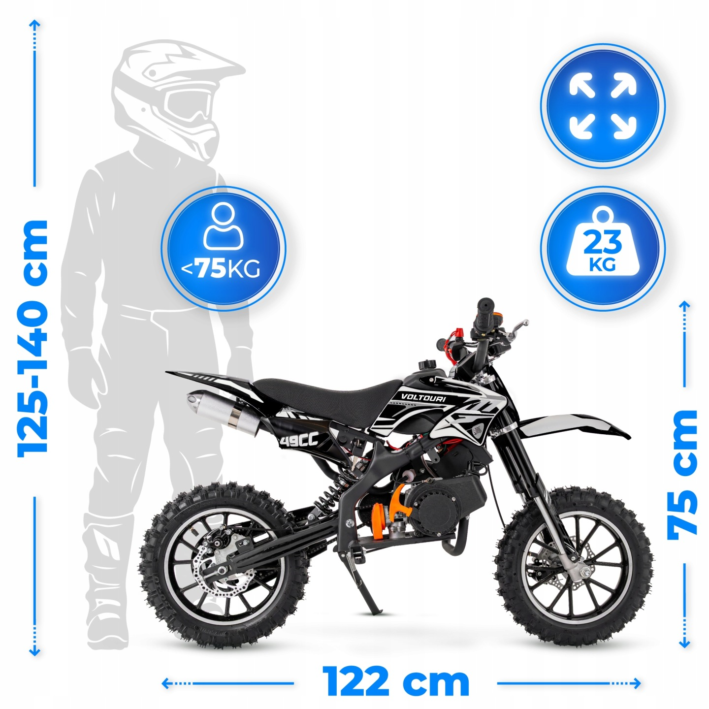 Motocykl 49cc, wysokość 75cm, długość 122cm, waga 23kg.