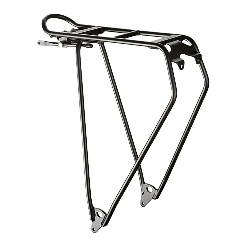 Porte-bagages arrière de vélo en métal noir avec quincaillerie.
