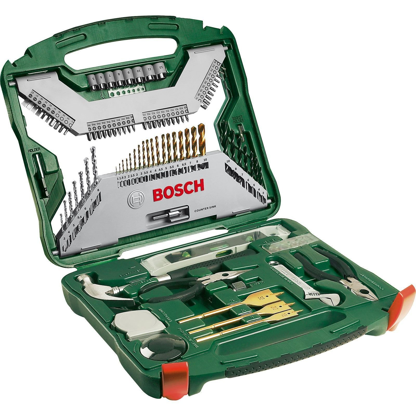 Grüner Bosch Werkzeugkoffer mit vielen Bohrern, Schraubern und Zangen.