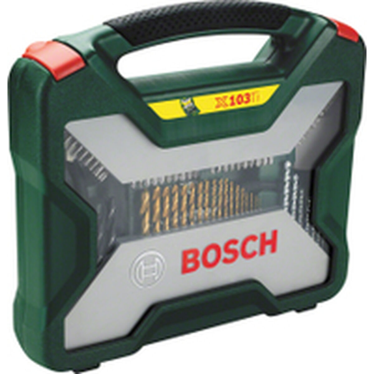 Grüner Bosch-Bohrer-Koffer mit transparentem Deckel und goldenen Bohrern.