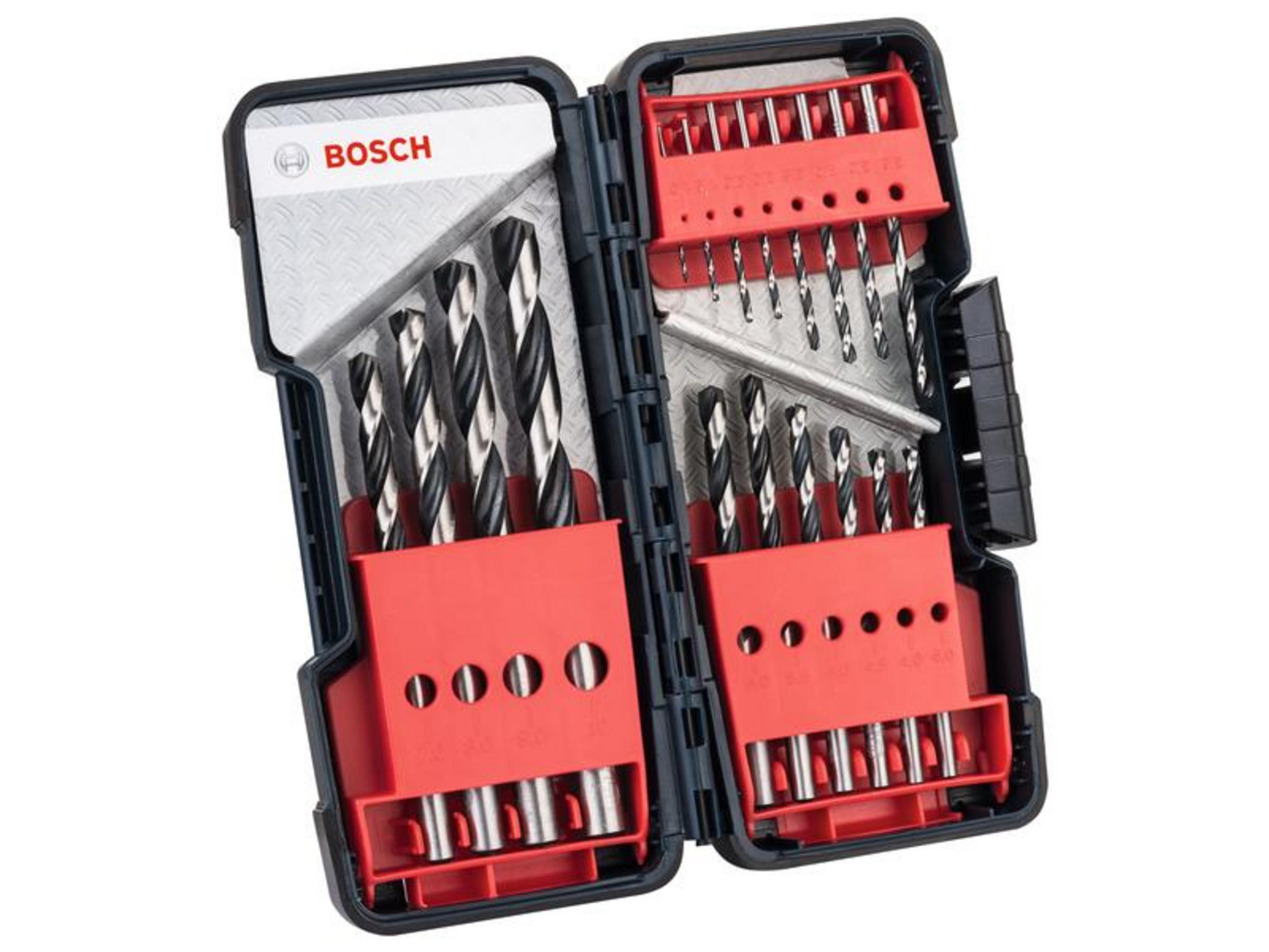 Ein offenes Bosch-Bohrer-Set in einem schwarzen Koffer mit roten Einsätzen.