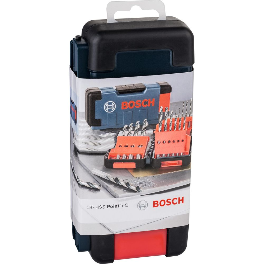 Bosch Bohrer-Set in Verpackung mit blauem und schwarzem Griff und roten Einsätzen.
