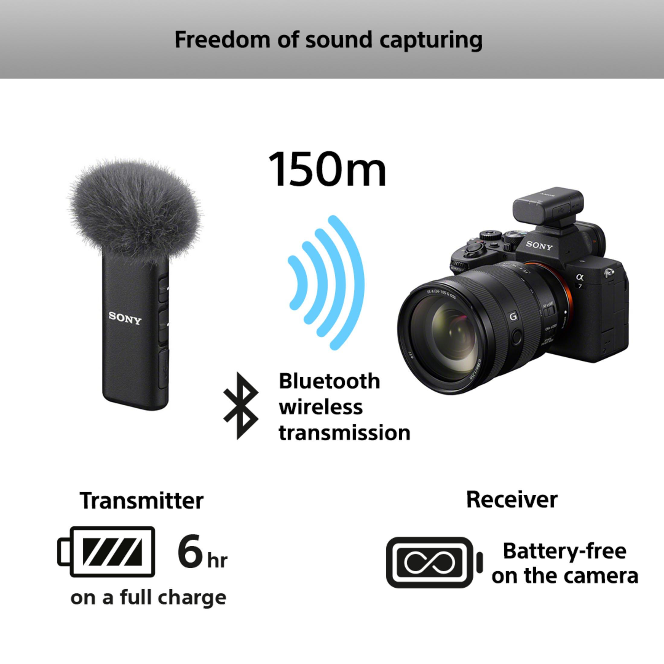 Sony Mikrofon, Kamera, Bluetooth-Reichweite 150m, Sender 6h, Empfänger batterielos.