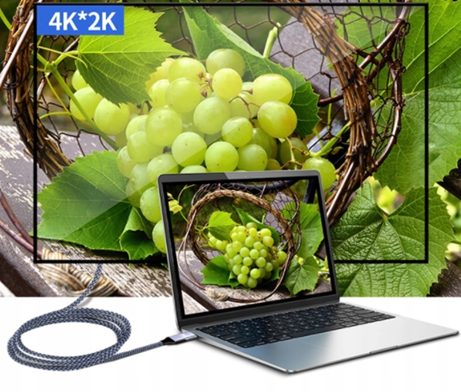Laptop wyświetla zdjęcie winogron. Podłączony jest kabel.