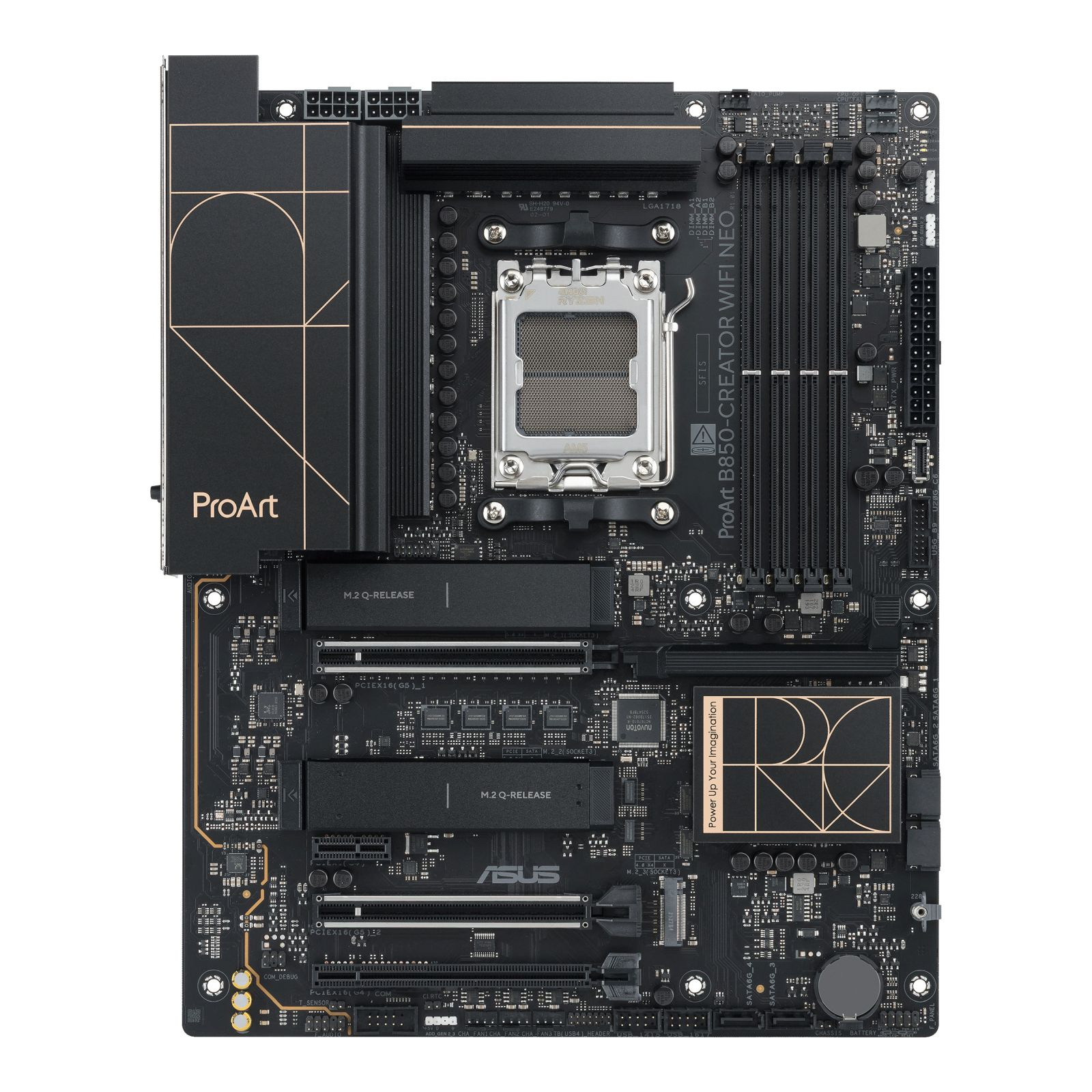 Czarna płyta główna ASUS ProArt B850 Creator WiFi Neo ze złotymi akcentami.