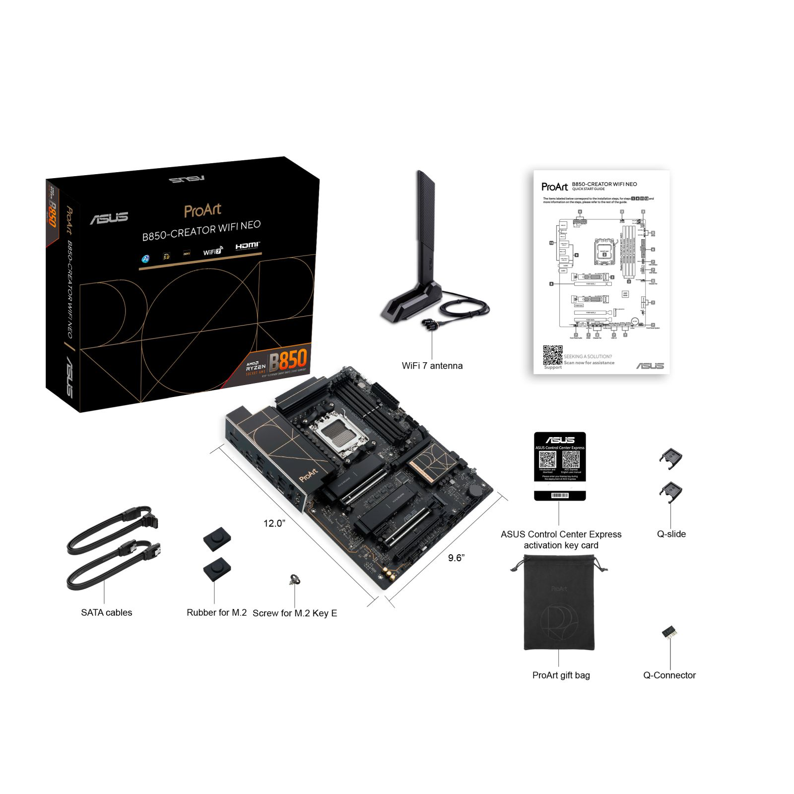 Płyta główna ASUS ProArt B850-CREATOR WIFI NEO z akcesoriami: antena, kable, instrukcja.