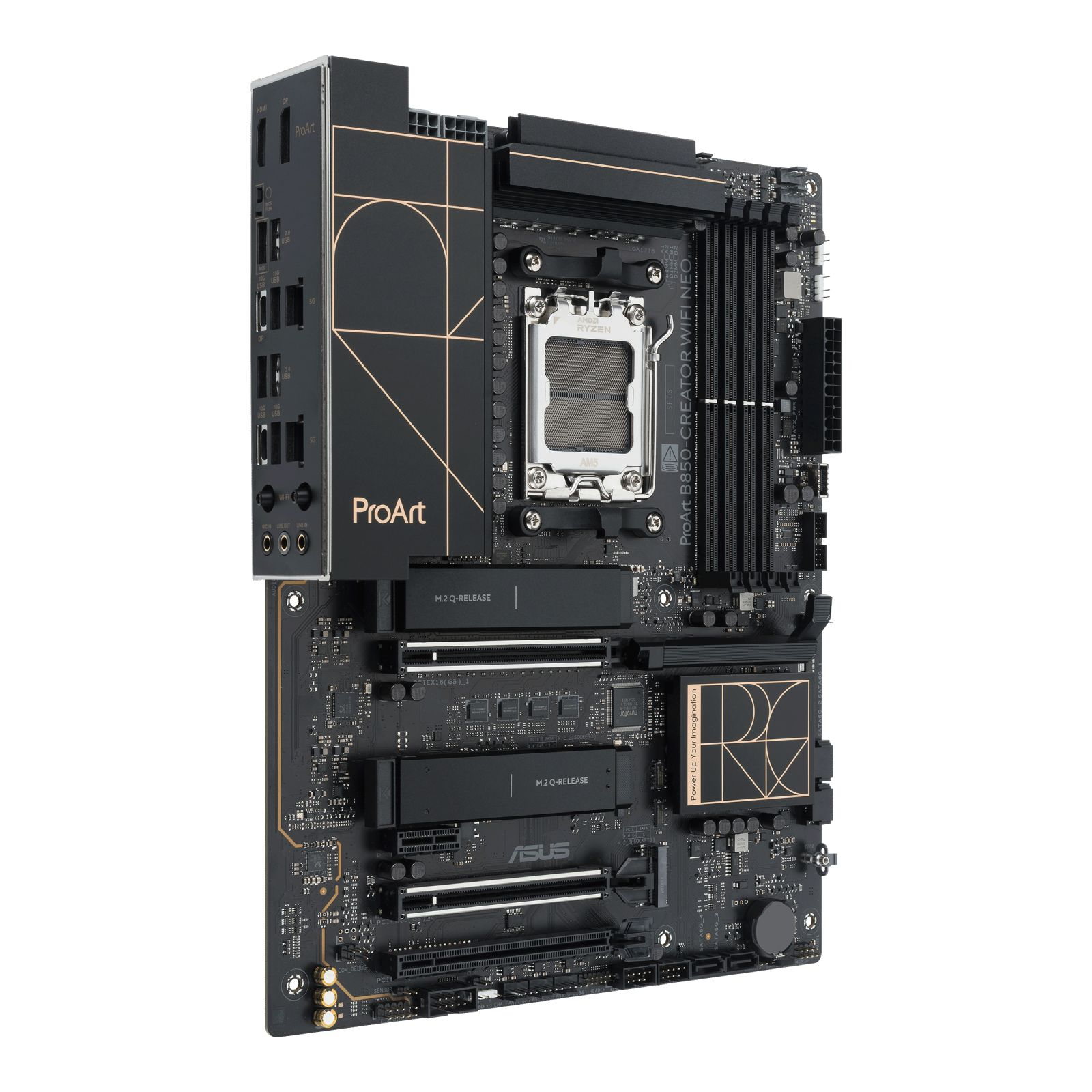 Czarna płyta główna z gniazdem AMD Ryzen, slotami RAM i portami.