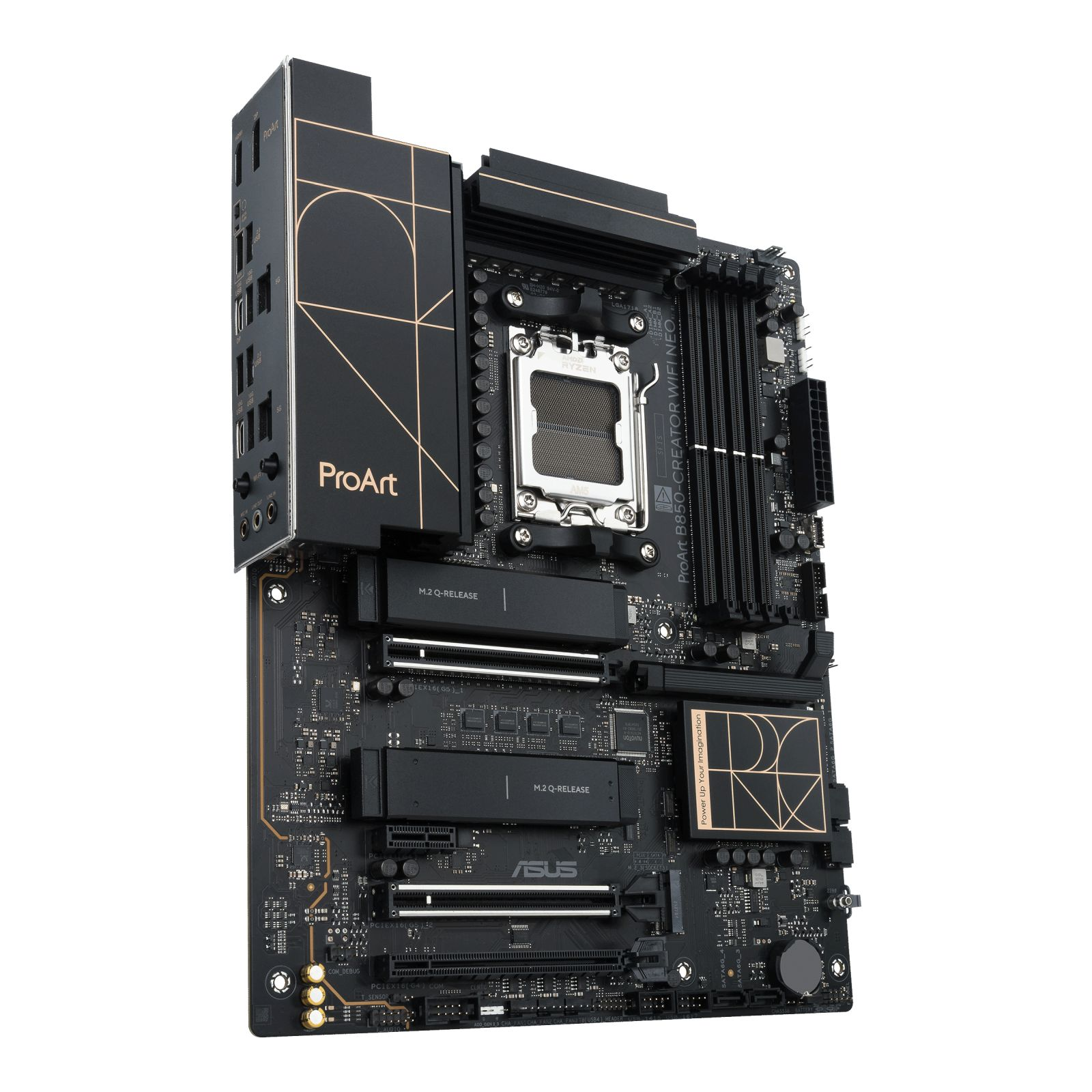 Czarna płyta główna ze złotymi akcentami, gniazdem CPU i portami.